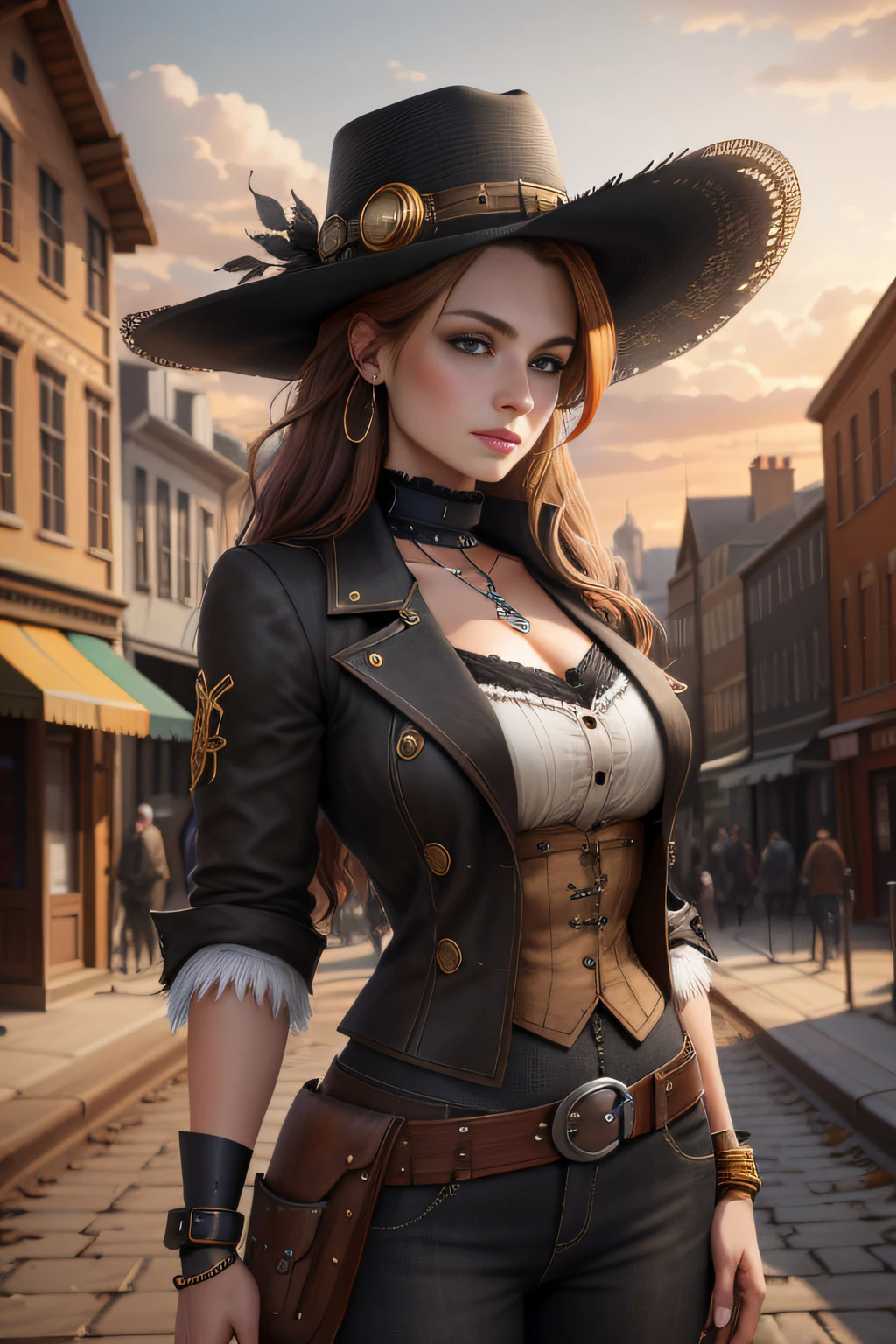 Beautiful woman, Bright gray eyes, auburn hair, Blackn clothes,golden trim, Black hat, steampunc, Rustic city background, Golden sky, ultra-realistic realism, Cinematic, Photorealistic, 4K