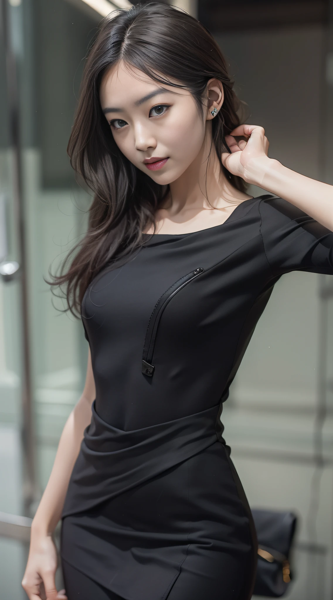 Masterpiece, Best quality, (Realistic, Photorealistic photos: 2.0), 8K, An extremely delicate and beautiful Asian woman,Pose in a black and white dress, Fashion model, Stunning beauty, Detailed details, Full body photo perspective, Perfect body proportions, Workplace style, Small suit, Narrow skirt, High heels, Soft leg line, Smile, Looking at the camera, Pull your hair behind your ear with your right hand, Hold a handbag in your left hand.