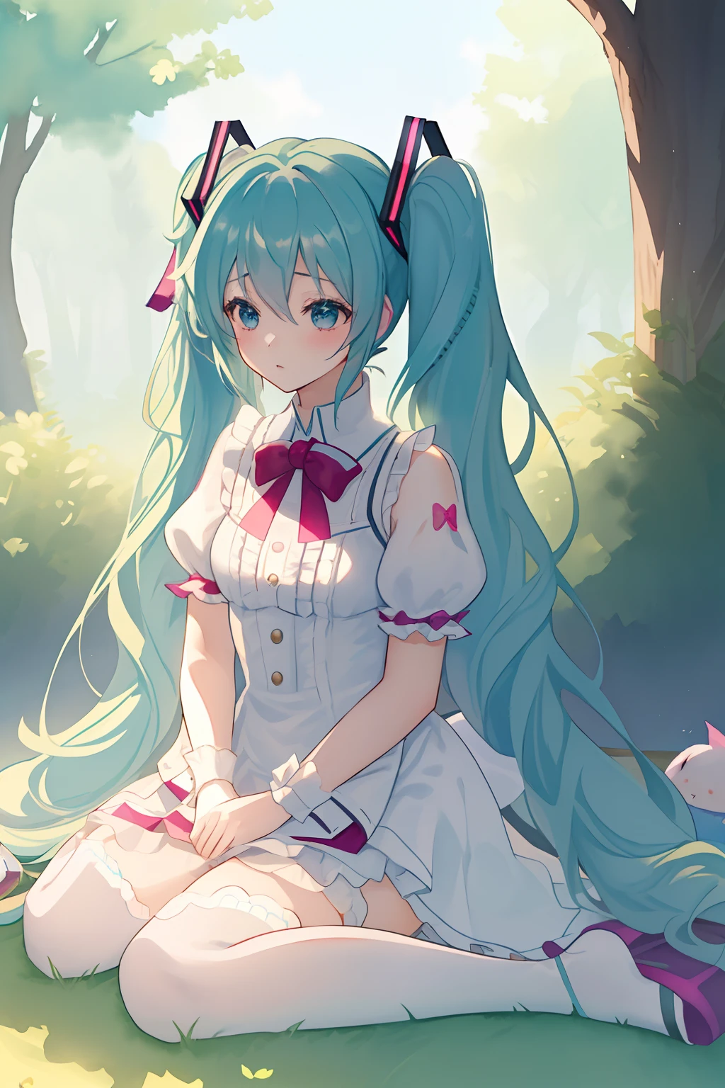 (Detailed description)+、(top-quality)+、(ighly detailed)+、(masterpiece)+、(ultra-detailliert)+、(The best illustrations)++、(Best Shadows)、delicate finger、Original、illustratio、top-quality、masterpiece、dynamic ungle、Detailed beautiful backgrounds、depth of fields、Beautiful lights and shadows、tiny girl、pallor hair、blue eyess、Medium Hair、shairband、bow ribbon、tiny chest、((miku hatsune))、fairytale、Art Brushes、((watercolor paiting\(Curly\)))、Sleepy girl、Under the tree、Lusting、Enchanted、seductiv、 She was thinking in her own mind(Because hot days made her feel so sleepy and stupid、As long as she can)、