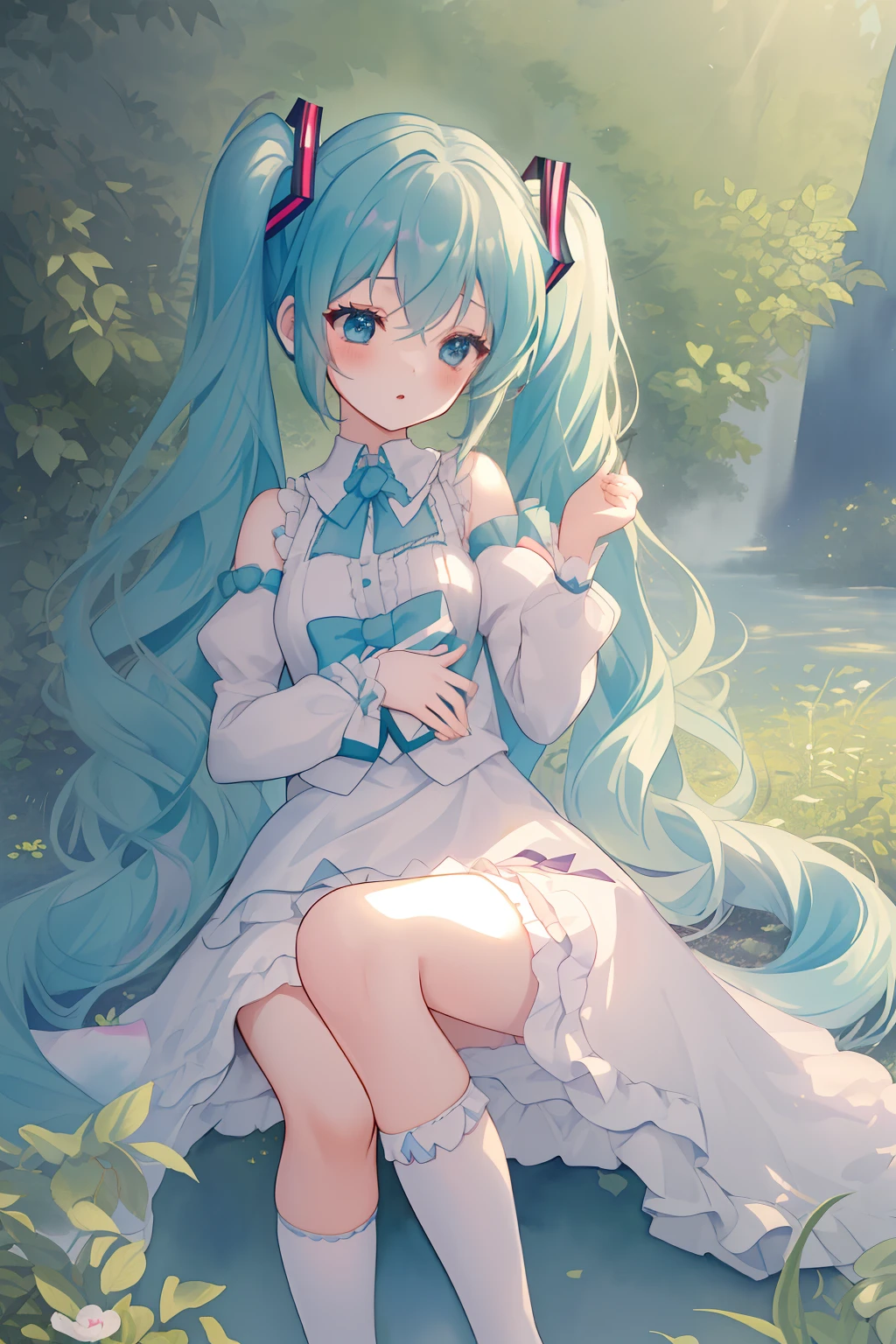 (Detailed description)+、(top-quality)+、(ighly detailed)+、(masterpiece)+、(ultra-detailliert)+、(The best illustrations)++、(Best Shadows)、delicate finger、Original、illustratio、top-quality、masterpiece、dynamic ungle、Detailed beautiful backgrounds、depth of fields、Beautiful lights and shadows、tiny girl、pallor hair、blue eyess、Medium Hair、shairband、bow ribbon、tiny chest、((miku hatsune))、fairytale、Art Brushes、((watercolor paiting\(Curly\)))、Sleepy girl、Under the tree、Lusting、Enchanted、seductiv、 She was thinking in her own mind(Because hot days made her feel so sleepy and stupid、As long as she can)、