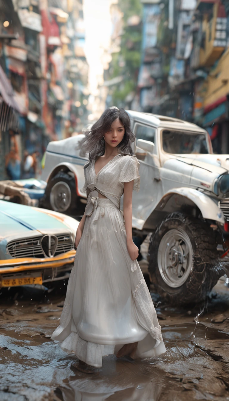 ultra-realistic image, Real-world scenarios，8k解像度，フォトンマッピング、detailed and complex environment、The is very detailed、top-quality、artsy photography、photorrealistic concept art，In a messy workshop，white short sleeve，Blue lace-up jeans，White sneakers，Holding a water pipe in his hand，Splashing of muddy water，Washed yellow Ferrari sports car