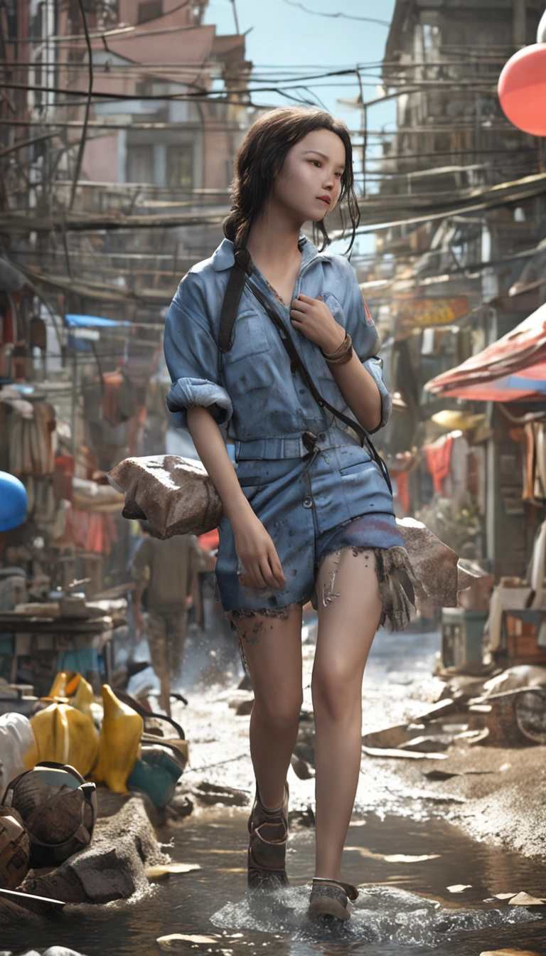 ultra-realistic image, Real-world scenarios,8k解像度,フォトンマッピング、detailed and complex environment、The is very detailed、top-quality、artsy photography、photorrealistic concept art,In a messy workshop,white short sleeve,Blue lace-up jeans,White sneakers,Holding a water pipe in his hand,Splashing of muddy water,Washed yellow Ferrari sports car