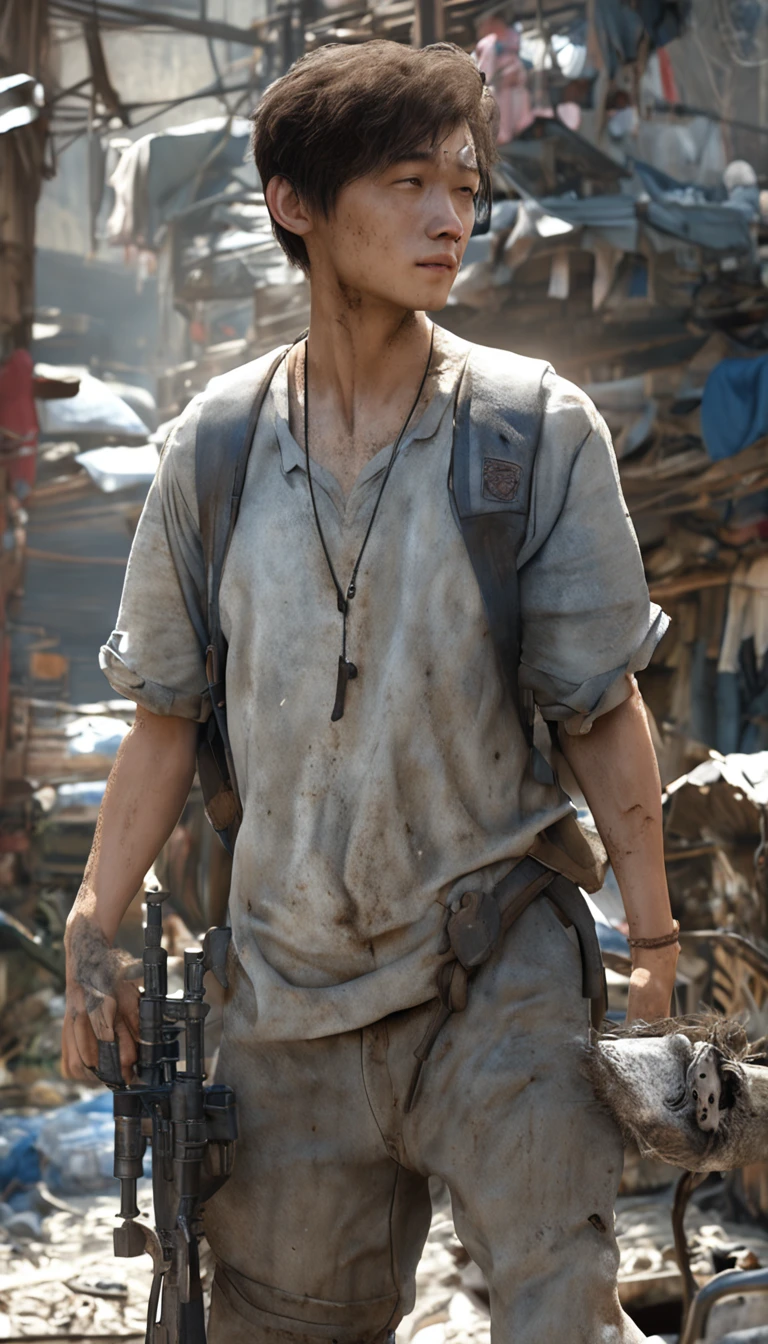 ultra-realistic image, Real-world scenarios,8k解像度,フォトンマッピング、detailed and complex environment、The is very detailed、top-quality、artsy photography、photorrealistic concept art,In a messy workshop,white short sleeve,Blue lace-up jeans,White sneakers,Holding a water pipe in his hand,Splashing of muddy water,Washed yellow Ferrari sports car