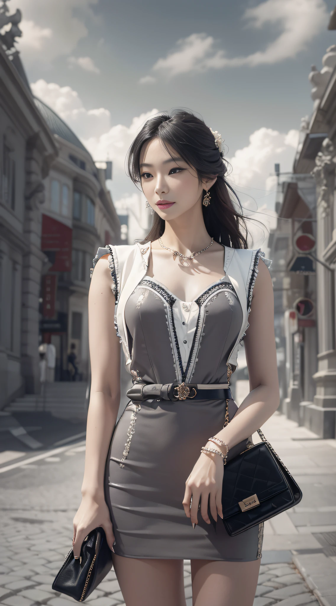 Masterpiece, Best quality, (Realistic, Photorealistic photos: 2.0), 8K, An extremely delicate and beautiful Asian woman,Pose in a black and white dress, Fashion model, Stunning beauty, Detailed details, Full body photo perspective, Perfect body proportions, Workplace style, Small suit, Narrow skirt, High heels, Soft leg line, Smile, Looking at the camera, Pull your hair behind your ear with your right hand, Hold a handbag in your left hand.