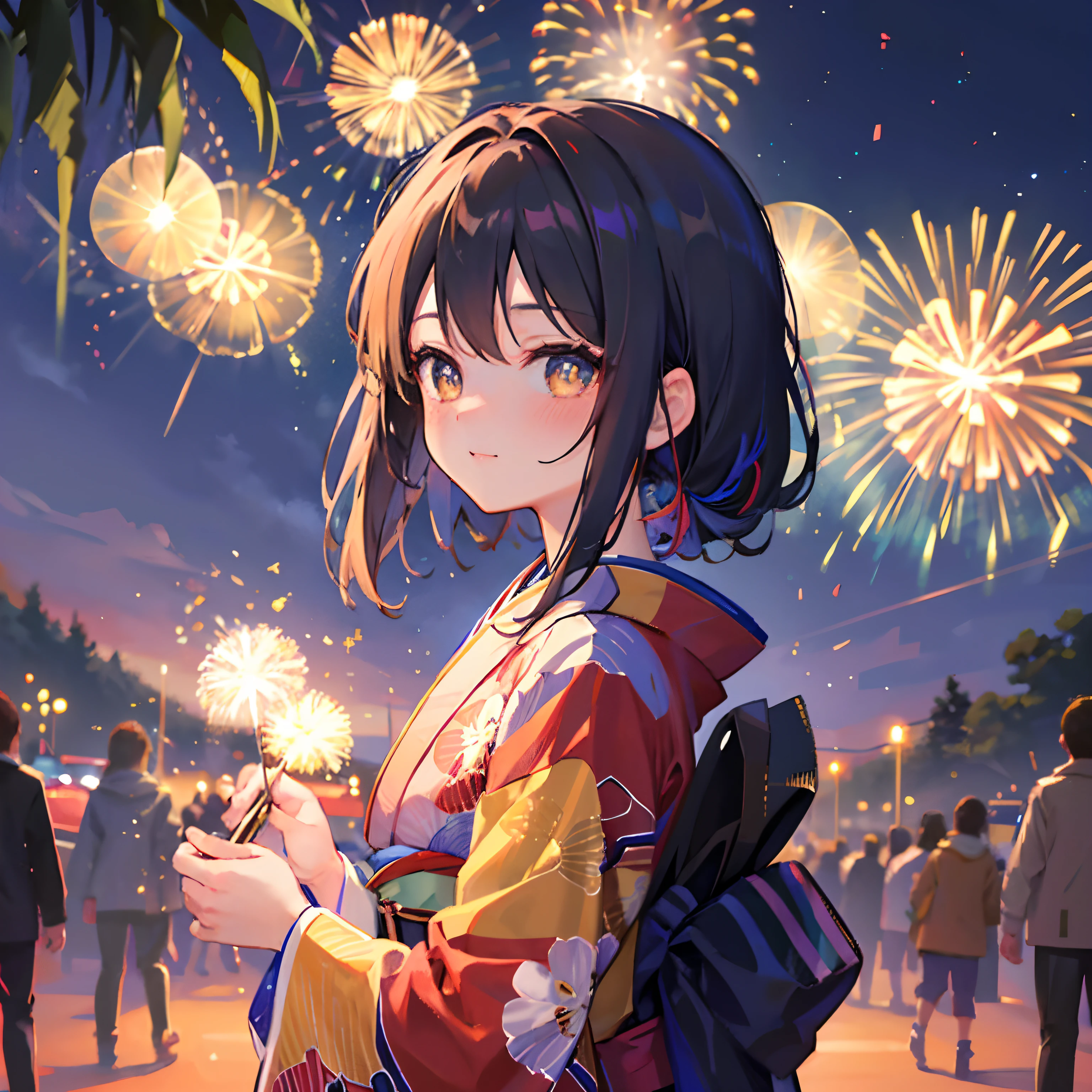 Imagine a girl wearing a kimono strolling through a ceremony, with colorful fireworks in the sky. The atmosphere was cheerful, with volume light, soft light, Shin Hai Cheng's masterpiece, the best quality, depth of field, detailed background, beautiful cheeks, sparkling pupils, and starry sky at night,