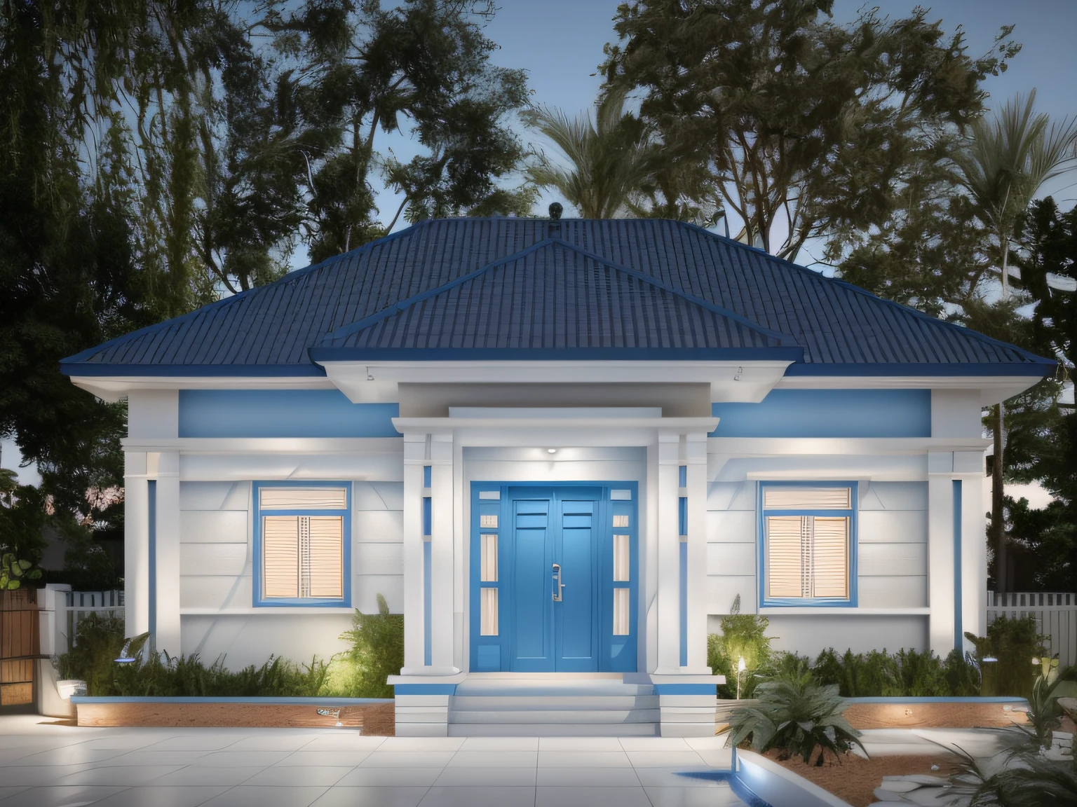 a rendering of a small house with a blue roof and a white door, front view dramatic, frontview, one house, front side, modern style, realistic 3 d style, very very realistic, hihgly detailed, in style of ultra realistic, exterior design, single floor, front perspective, very realistic, realistic highly detailed, photorealistic -20