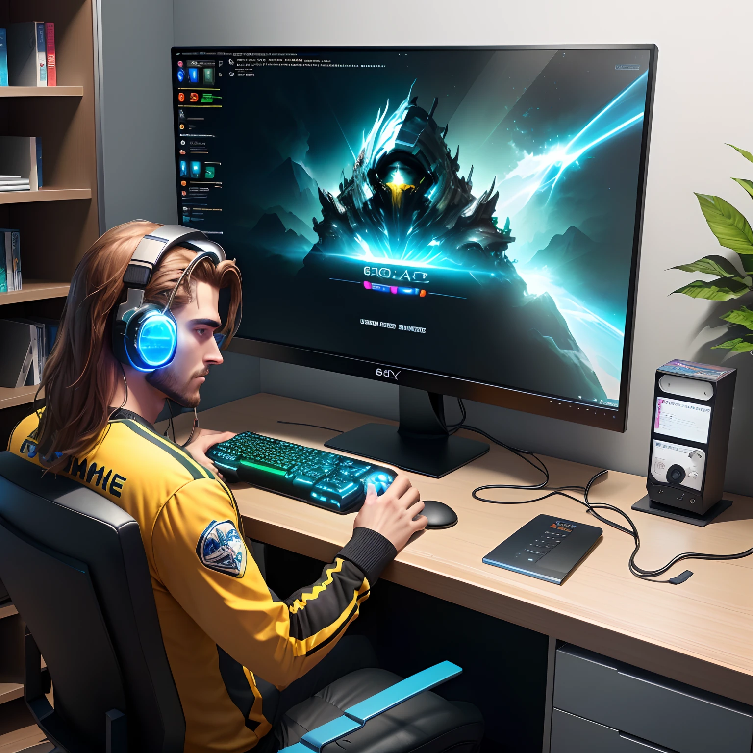 There's a man sitting in front of a computer with headphones on, playing video games, jogando jogos de computador, sala de jogos, jogos, sala de jogos, Computadores para jogos, video - game, concomputador, gamer aesthetic, usando um fone de ouvido para jogos, jogo de computador, gamer screen on metallic desk, Brincando, Jogos para PC