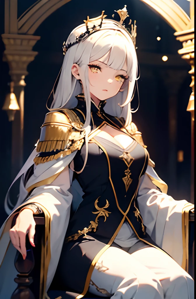 (Masterpiece:1.2), best quality, (illustration:1.2), (ultra-detailed), hyper details, (delicate detailed), (intricate details), (cinematic light, best quality Backlights), clear line, from below, soloist, perfect body, (1girl), white hair and yellow eyes, (emperor, black see-through clothes), (crown: 1.1), sitting on the throne, eyes slightly closed, head down, (shy: 1.2 ), (makeup), high contrast, (best illumination, an extremely create and beautiful), (cinematic light), colorful,