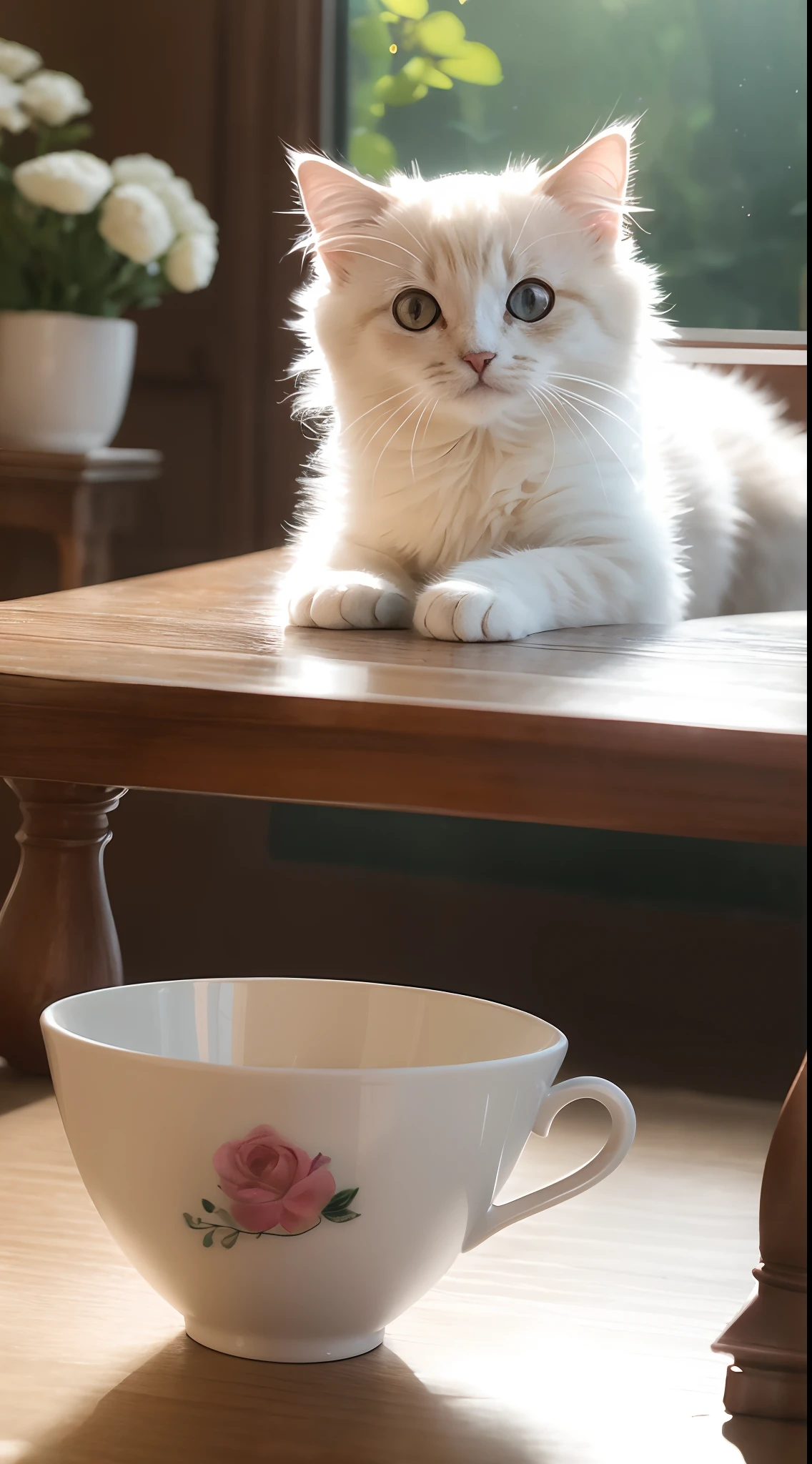 Cat, (Himalayan), (Small)))), in a teacup, Face, Front paws out, 8K, Professional photo, Delicate, Clear, On the table, Inside the house, Sunshine, Light Leak, Masterpiece, ((Pretty))), Fashionable Teacup, (Reality), Plush Toy, Round Pupils