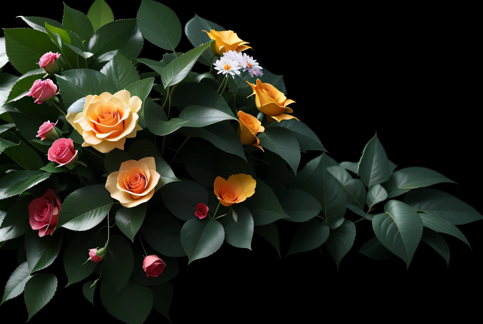 There are many different types of flowers in the pastoral, the platonic ideal of flowers, flowers and foliage, surreal waiizi flowers, floral environment, nature and floral aesthetics, ( Ultra photo realsisim ), floral growth, Flowers and plants,Rose rose leaves,rays of sunshine