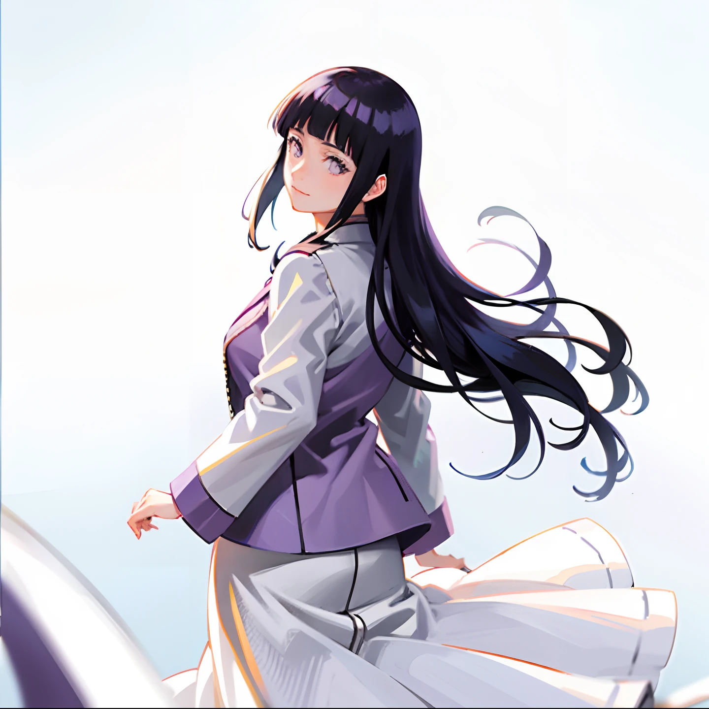a close up of a person in a purple jacket and long white skirt, hinata hyuga, hinata hyuga from naruto, from behind, look back, soft smile