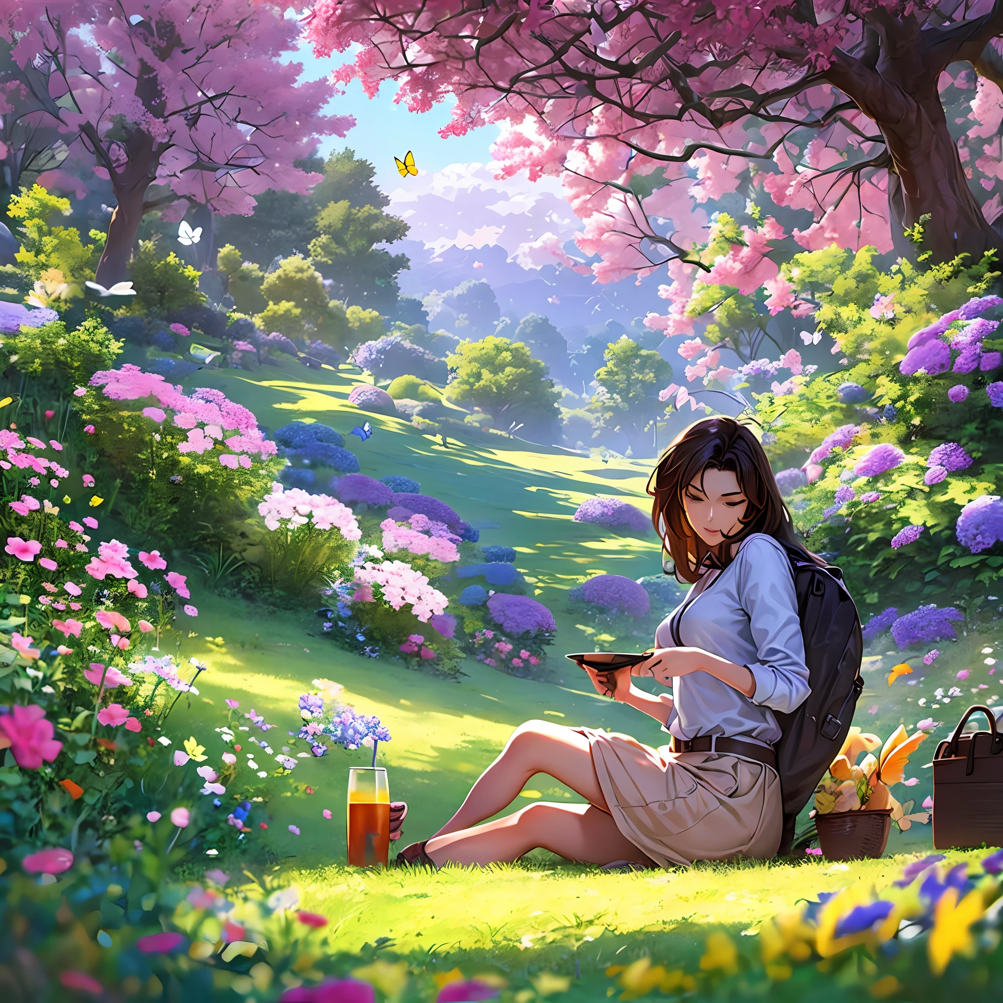 woman, age 30, milf, having a picnic in a picturesque meadow, surrounded by flowers, butterflies, and the gentle company of woodland creatures.