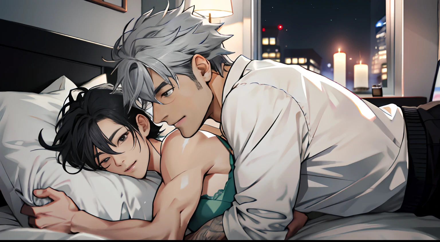 "the night,both sexes,In bed at home,Silver-gray hair,Black hair。"