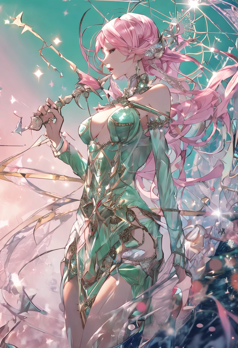 (((A pink-haired, magia (tmasterpiece, SuperiorQuality, Better quality, offcial art, Beautiful and aesthetic: 1.2), (1girll:1.3), (s fractal art:1.3), Extremely beautiful, Star hair, jk, mito, Crown of the Queen of Immortals, archery, Water Fund, looking at viewert, angry look, carismatic, intricate detailed clothes, bare shoulders, shootout, green color details, yellow and white, dress detailed, delicate leg, full bodyesbian, Pink Power Magic, ventania, water world, starfish, Delicatehands, foamy, Water wand, Akwa, covered legs, Stars on the legs, Water magic, Powerful bubbles, green energy)))