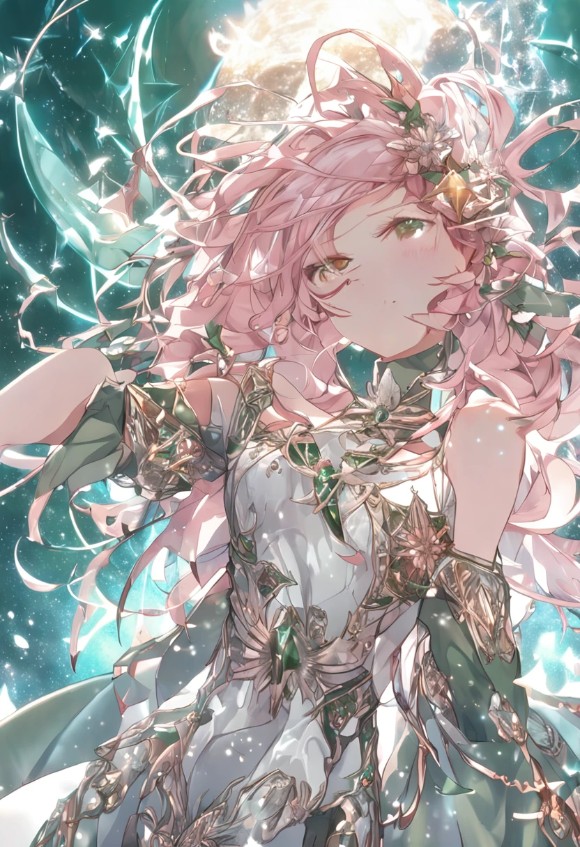 (((A pink-haired, magia (tmasterpiece, SuperiorQuality, Better quality, offcial art, Beautiful and aesthetic: 1.2), (1girll:1.3), (s fractal art:1.3), Extremely beautiful, Star hair, jk, mito, Crown of the Queen of Immortals, archery, Water Fund, looking at viewert, angry look, carismatic, intricate detailed clothes, bare shoulders, shootout, green color details, yellow and white, dress detailed, delicate leg, full bodyesbian, Pink Power Magic, ventania, water world, starfish, Delicatehands, foamy, Water wand, Akwa, covered legs, Stars on the legs, Water magic, Powerful bubbles, green energy)))