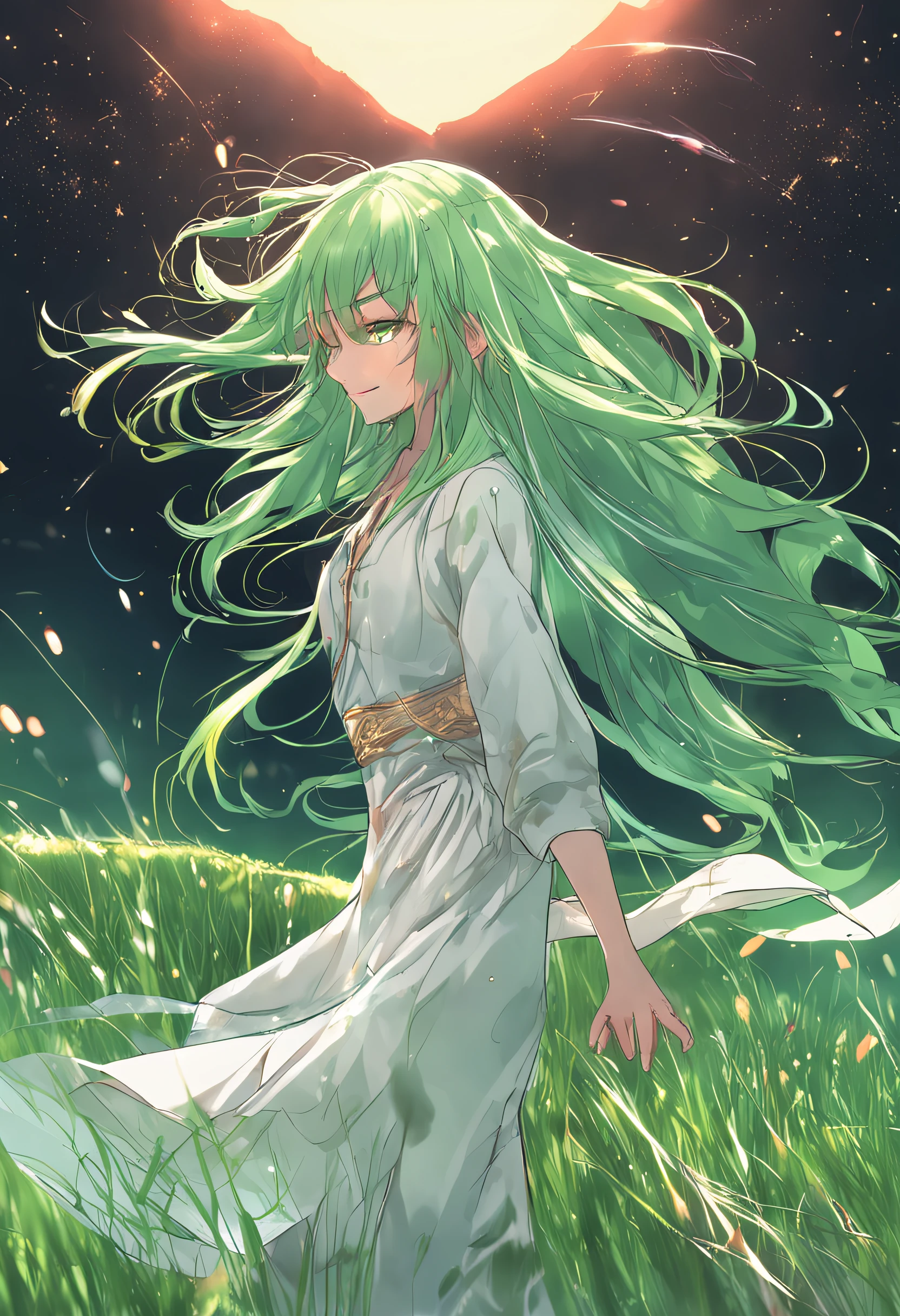 green long hair,The ends of the hair dance with the wind,beautiful Girl,long white robe,Standing in the middle of the steppe,Dance your hands,The lush grass dances in the wind,Golden particles of light like the wind surround it,The distant mountains are faintly visible,Several stars shone in the sky。
