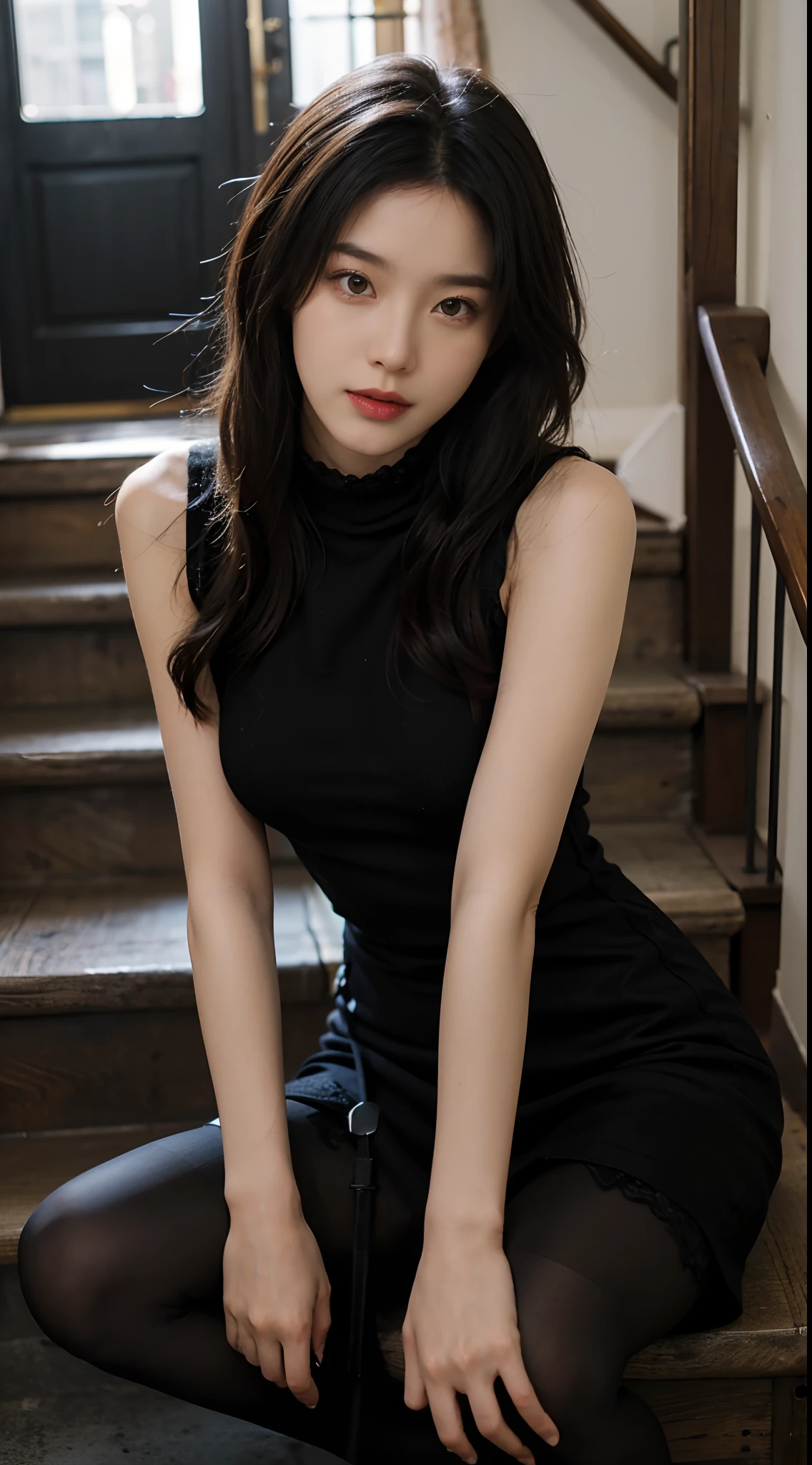 (RAW photo:1.2), (Photorealistic:1.4), （Ray tracing）,Korean female model，Beautiful Meticulous Girl, very detailed eyes and faces, Beautiful detailed eyes, absurderes, unbelievable Ridiculous, hugefilesize, ultra - detailed, A high resolution, The is very detailed，best qualtiy，tmasterpiece，((Black sleeveless turtleneck lace dress))，illustratio，The is very detailed，CG，unified，8k 壁纸，Amazing Cleavage，finely detailled，tmasterpiece，best qualtiy，The is very detailed的 CG unified 8k 壁纸，light in face，cinmatic lighting, 1girll, 16 yaers old,Long white hair，(huge tit)，((pantyless))，(wears glasses)，((Pantyhose))，tightly dress，Silk dress，Lace-up dress，see through dresses，Stand on the stairs in high heels，(Wearing 10D black stockings，Wearing thin black pantyhose:1.5)，Full body portrait