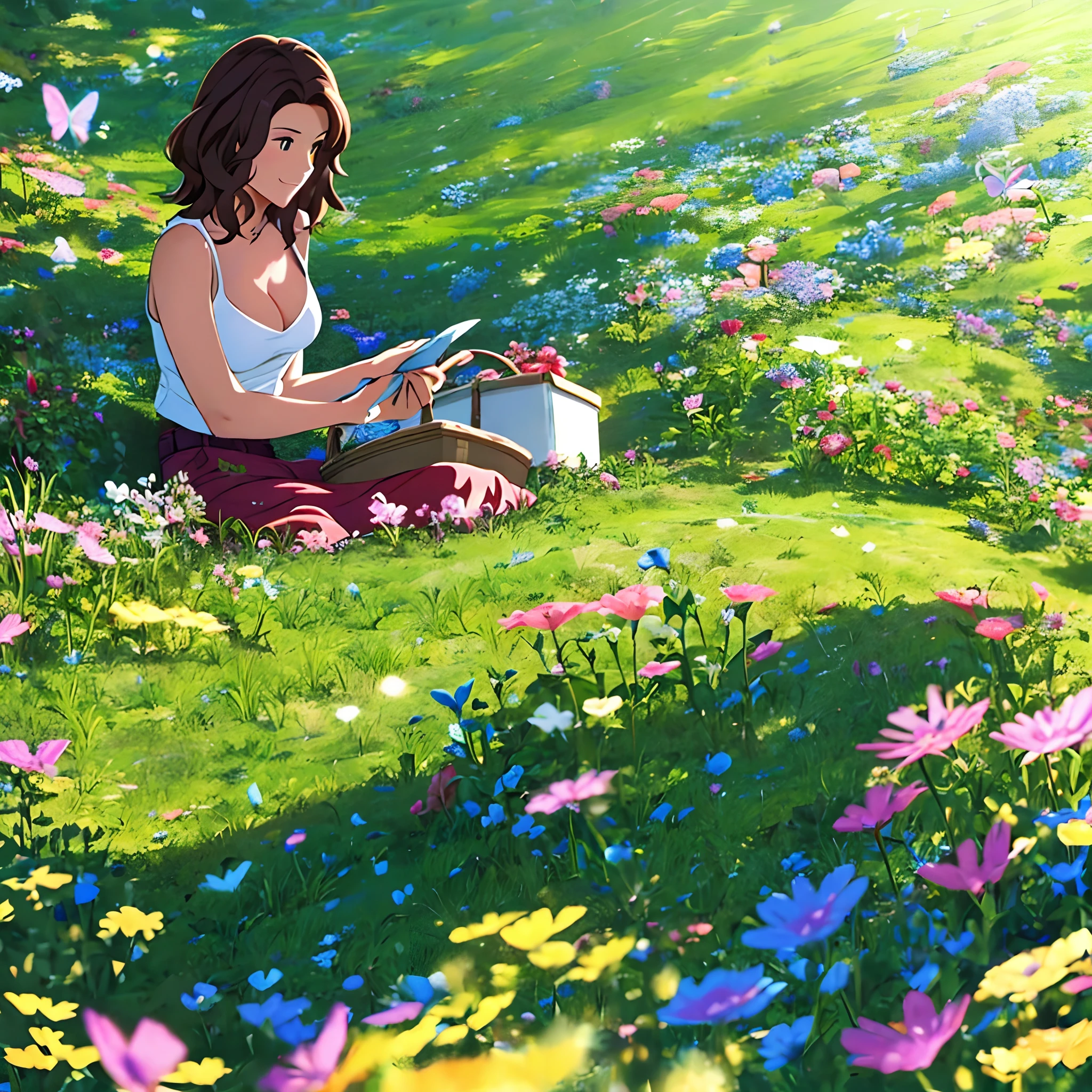 woman, age 30, milf, having a picnic in a picturesque meadow, surrounded by flowers, butterflies, and the gentle company of woodland creatures.