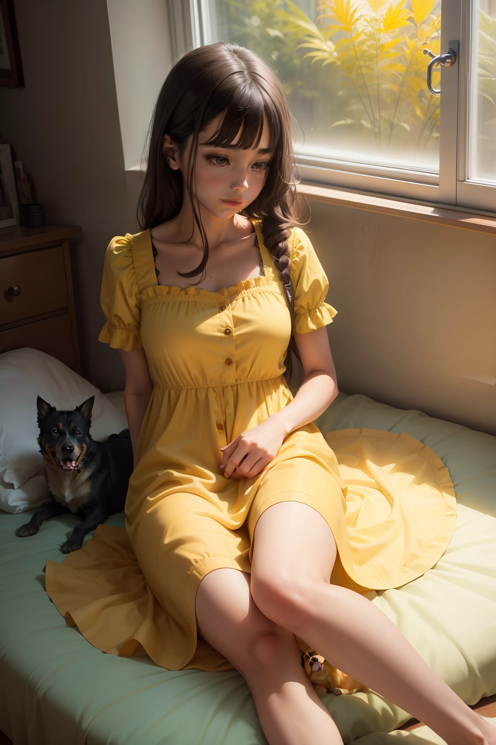Girl in yellow dress, cannabis, dog, window, creature and bed