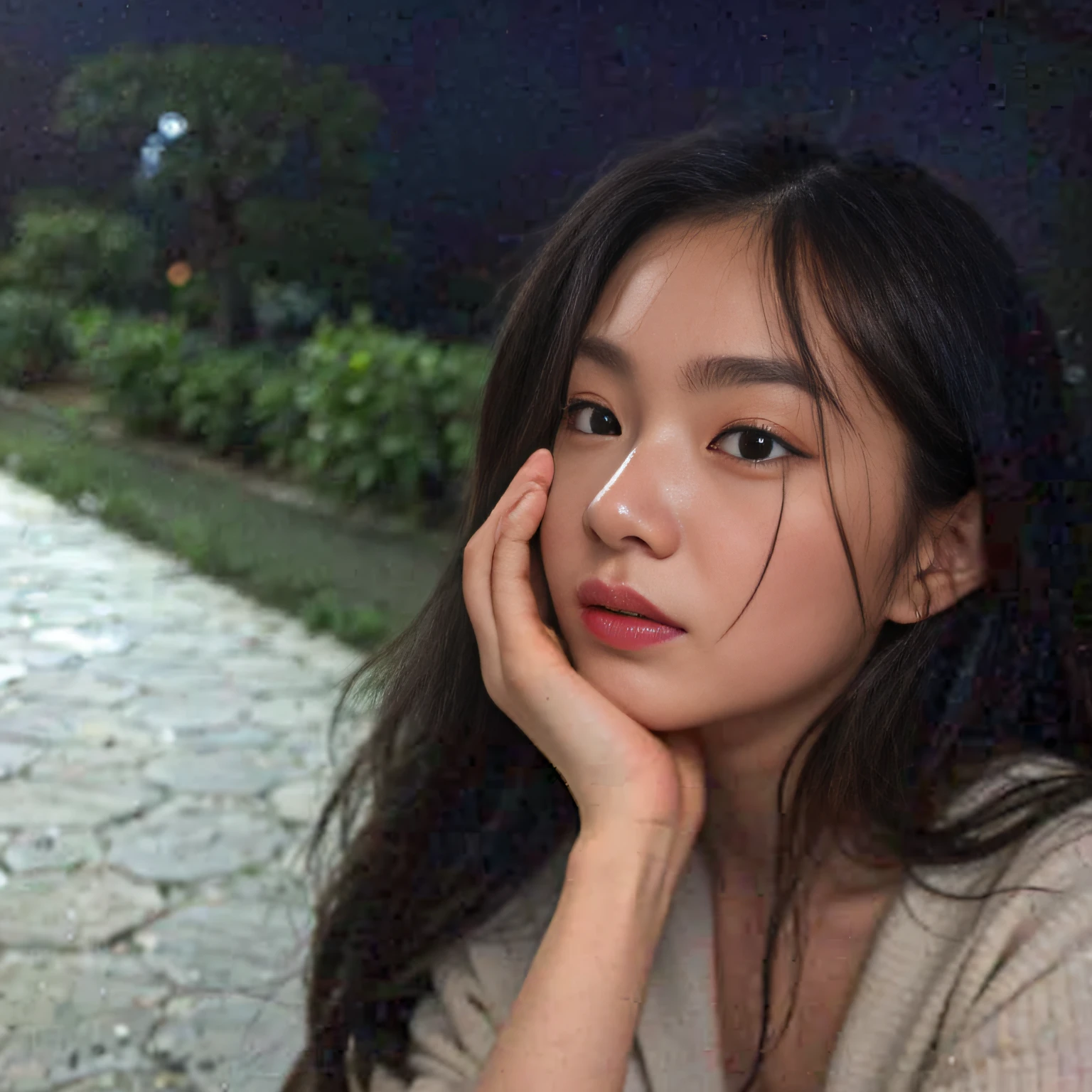 There was a woman sitting at a table with an umbrella, xintong chen, 8k selfie photograph, ☁🌪🌙👩🏾, She has a cute face, ulzzangs, she has a cute expressive face, pale round face, low quality photo, wenfei ye, with very thin lips, Li Zixin, she has a distant expression