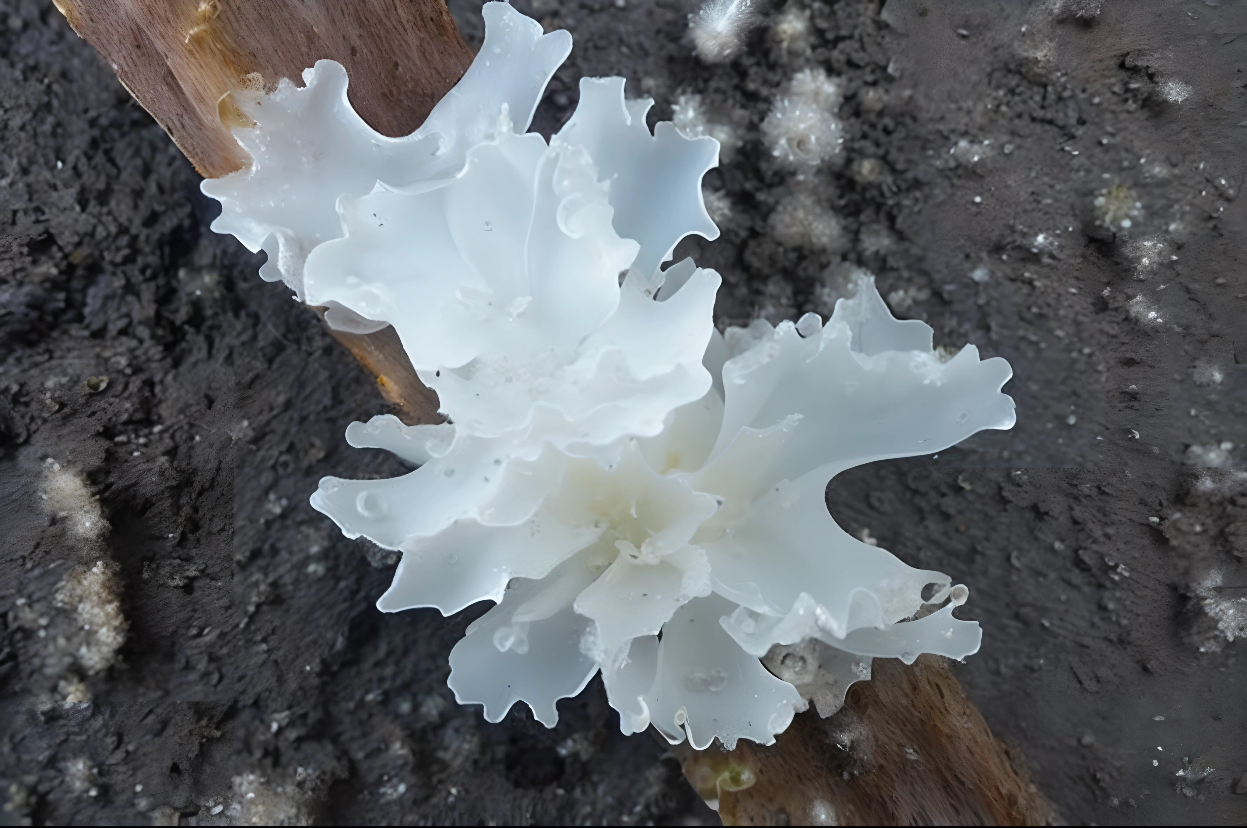 There is a white flower on the stick, Fractal fungi, White fungal spores everywhere, Slime mold, fungus, Translucent algae gorgeous, Sickle trill, Silver-eared fern, Trill - spindle muscle, beautiful natural forms, mycelium, simulacrum of a space fungus