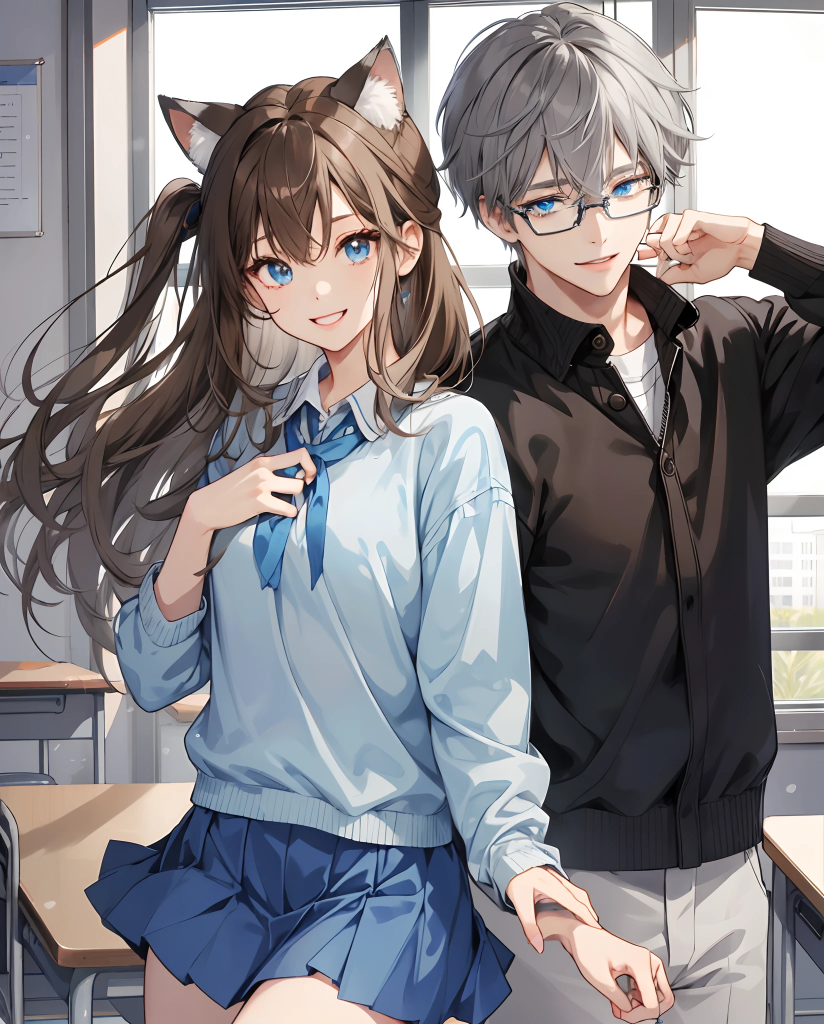 Gentle、Animesk、eyes are large、gray hairs、A fluffy、Student clothes、Natural make-up、mischievous smile、classroom、Cyan eyes、short skirt, Guy and girl, The girl has brown hair, The guy has gray hair, The guy has gray eyes, The guy has glasses, The girl has blue eyes, The girl has cat ears