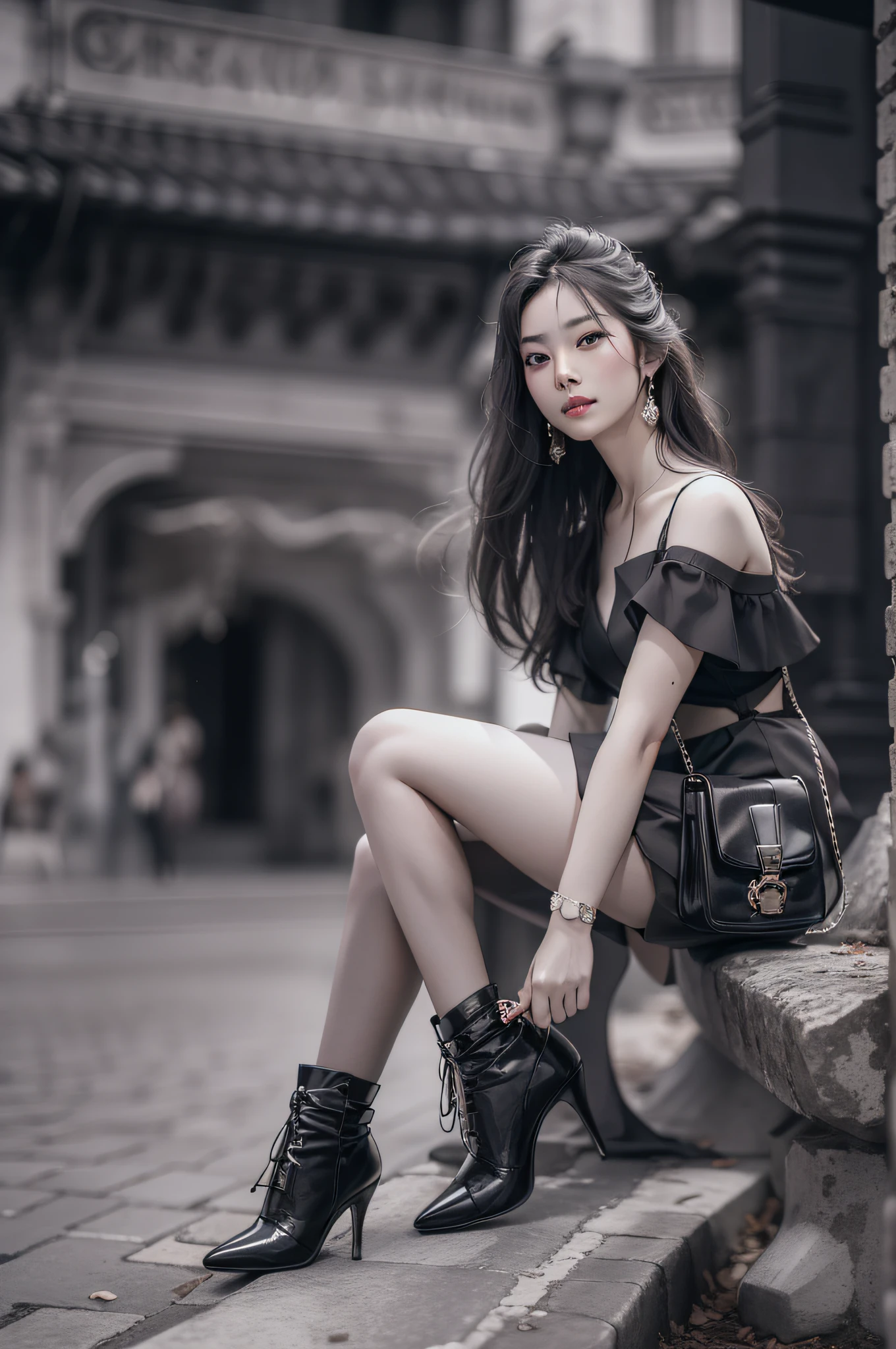 tmasterpiece，best qualtiy，（realisticlying，Photorealistic photos：2.0），8K，An extremely delicate and beautiful Asian woman，Woman posing for photo in black and white dress，A fashion model，Amazing beauty，finely detailled，Full body photo perspective，The body proportions are perfect，Workplace style，Small suit，Narrow skirt，high-heels，The leg line is soft，ssmile，looks into camera，With your right hand, knead the hair behind your ear，Holding a handbag in his left hand。Face line repair，largeeyes，Electric eye，Beauty，