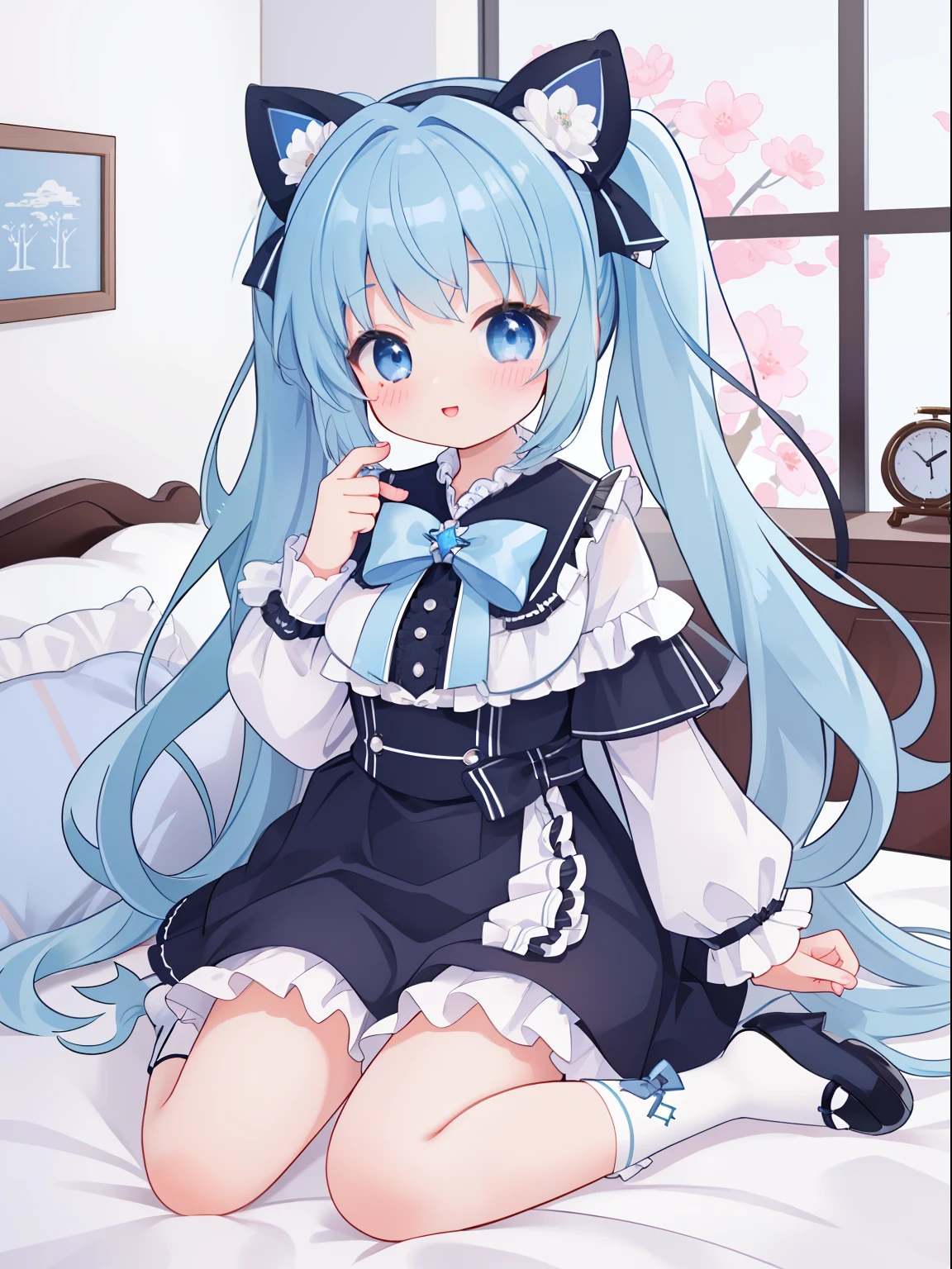 extremely detailed CG unified 8k wallpaper, very fine 8KCG wallpaper, absurderes,Lori ,Best Quality ,ultra-detailliert ,Beautiful face ,masterpiece、Show from head to waist、sitting on、top-quality(masterpiece), top-quality, lightblue hair、Very low twin tails、lightblue hair、Black Lolita Clothes、light blue eyes、cute little、masterpiece、top-quality、Top image quality、Inside the building、Sleeping in bed