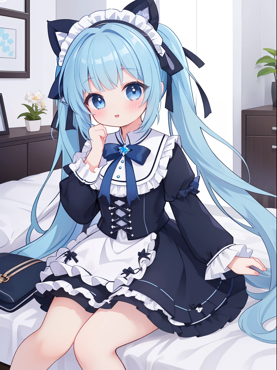 extremely detailed CG unified 8k wallpaper, very fine 8KCG wallpaper, absurderes,Lori ,Best Quality ,ultra-detailliert ,Beautiful face ,masterpiece、Show from head to waist、sitting on、top-quality(masterpiece), top-quality, lightblue hair、Very low twin tails、lightblue hair、Black Lolita Clothes、light blue eyes、cute little、masterpiece、top-quality、Top image quality、Inside the building、Sleeping in bed