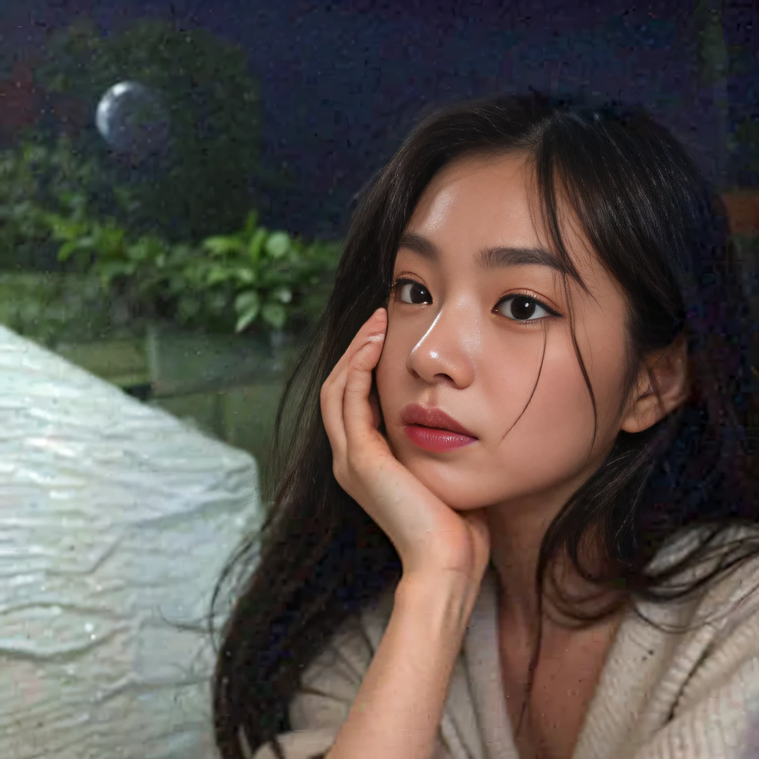 There was a woman sitting at a table with an umbrella, xintong chen, 8k selfie photograph, ☁🌪🌙👩🏾, She has a cute face, ulzzangs, she has a cute expressive face, pale round face, low quality photo, wenfei ye, with very thin lips, Li Zixin, she has a distant expression