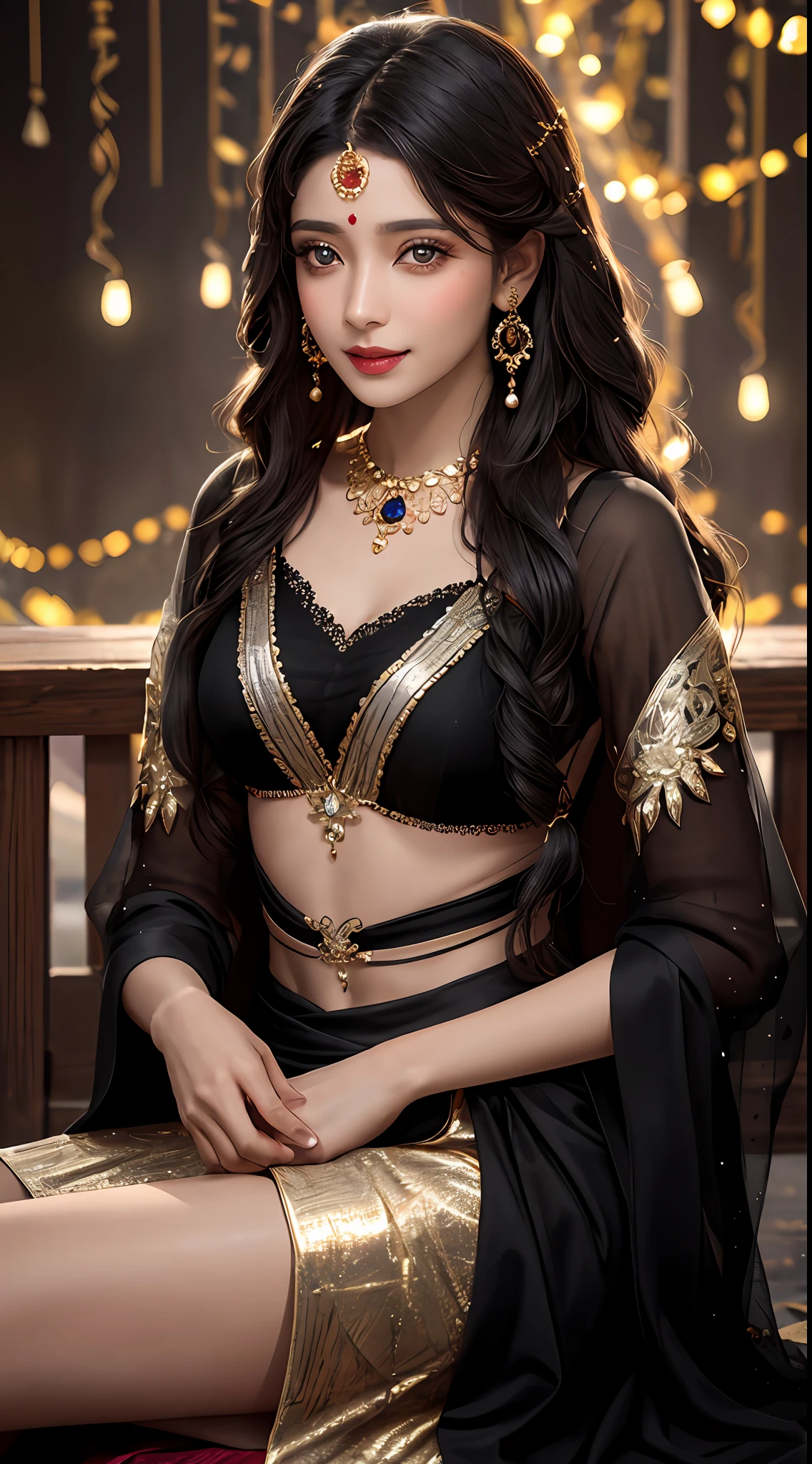 realistic, photorealistic, masterpiece, best quality, a girl, looking at viewer, happy, long hair, beautifully lips, indian lahanga, black and silver lahanga, spreading lahanga, black lace transparent, gold plating, jewellery, spot lights, spreading lights, sparkle lights, magical lights, sitting look, whole body capture,