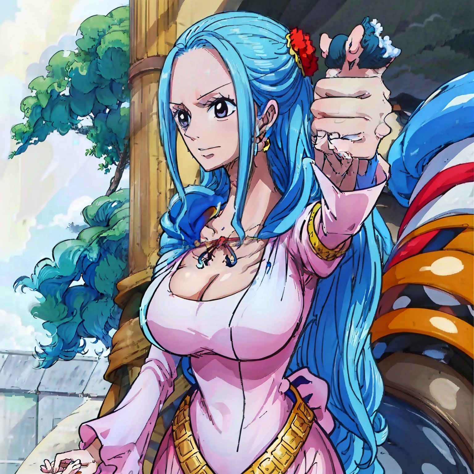 (generate nefertari vivi from one piece anime with (((gigantic breast:1,9))), (sexy bra), (short jeans) ,(show cleaveage), on top of detailed pirate ship, holding old treasure map, beautifull face, pretty face, beautifull eyes, beautifull nose, sexy lips, polished nails, raytracing beautifull fingers, beautifull hands, sexy belly, sexy body, sexy shoulders, sexy legs, sexy hips, (luxury bracelet), (luxury ring), (luxury necklace),  blue eye, (4 fingers in 1 hand), white skin, full body picture, pretty makeup, blush, (shoulder tattoo), (attractive eyes), (cg realistic), 8k, hyperdetail, ((anchor tattoo on arm)), masterpiece, best quality:1.2),(8k,highres,RAW photo,realistic,photo-realistic:1.3),(detailed skin texture,detailed cloth texture,beautiful detailed face:1.25),professional lighting,photon mapping,beautiful soft light,radiosity,physically-based rendering,model shoot style, model shoot style, (extremely detailed CG unity 8k wallpaper), full shot body photo of the most beautiful artwork in the world, complex 3d render ultra detailed, looking at viewer, 18 yo, wet hair, real human skin, vibrant details, hyperrealistic, beautiful, octane render, 8k, best quality, masterpiece, an extremely delicate and beautiful, extremely detailed ,CG ,unity ,wallpaper, (realistic, photo-realistic:1.37),Amazing, finely detail, masterpiece,best quality,official art, extremely detailed CG unity 8k wallpaper ,extreme detailed eyes, (perfect face), shiny skin, colorful, highest detailed, vibrant colors, ultra high res, (high contrast), intricate, lens flare,