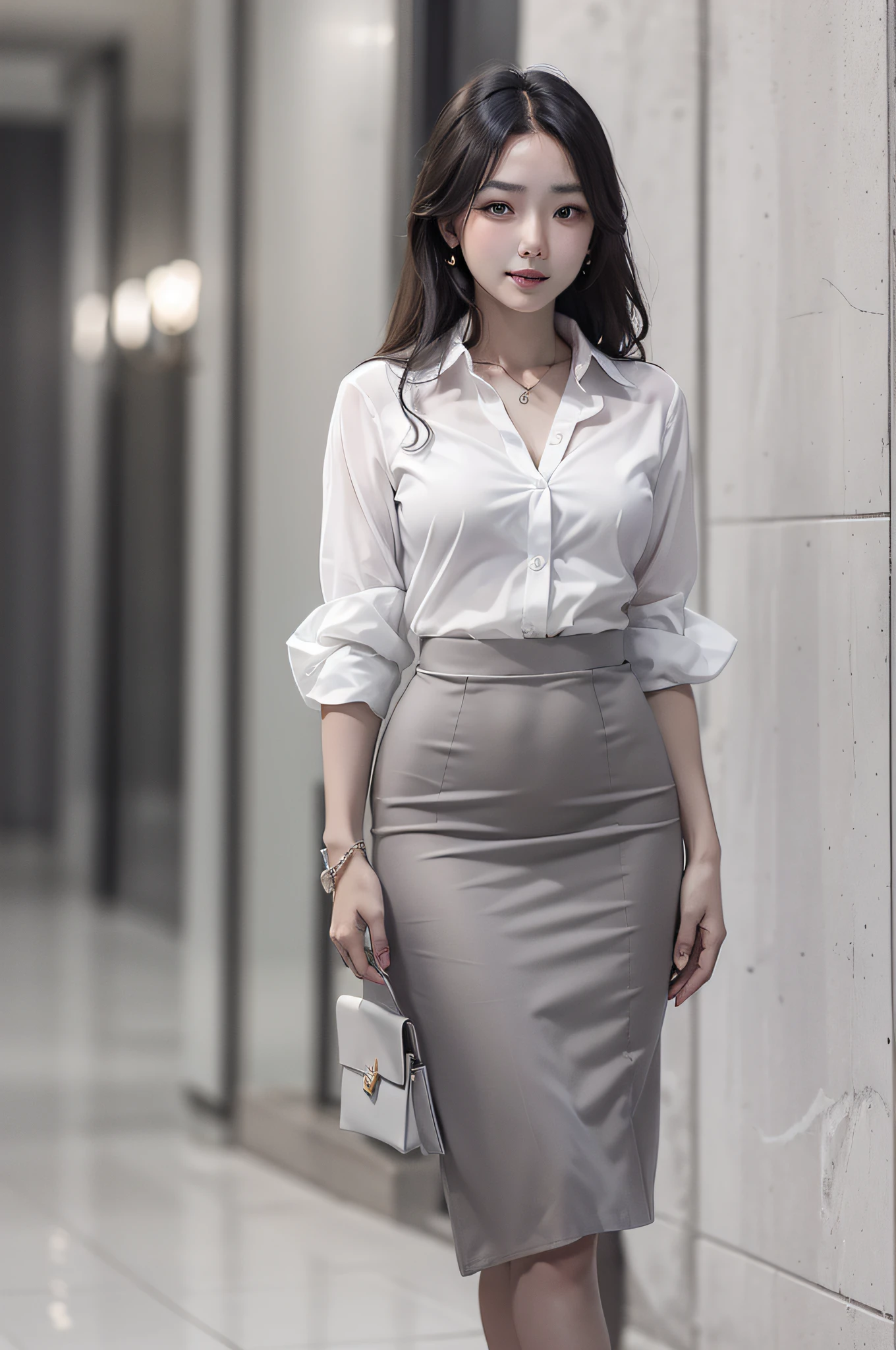 tmasterpiece,best qualtiy,(realisticlying,Photo realistic photos:2.0),8K,An extremely delicate and beautiful Asian woman,Woman posing for photo in black and white dress,A fashion model,Amazing beauty,finely detailled,Full body photo perspective,The body proportions are perfect,Workplace style,Small suit,Narrow skirt,high-heels,The leg line is soft,ssmile,looks into camera,The right hand ruffles the hair behind the ear,Hold a handbag in your left hand。