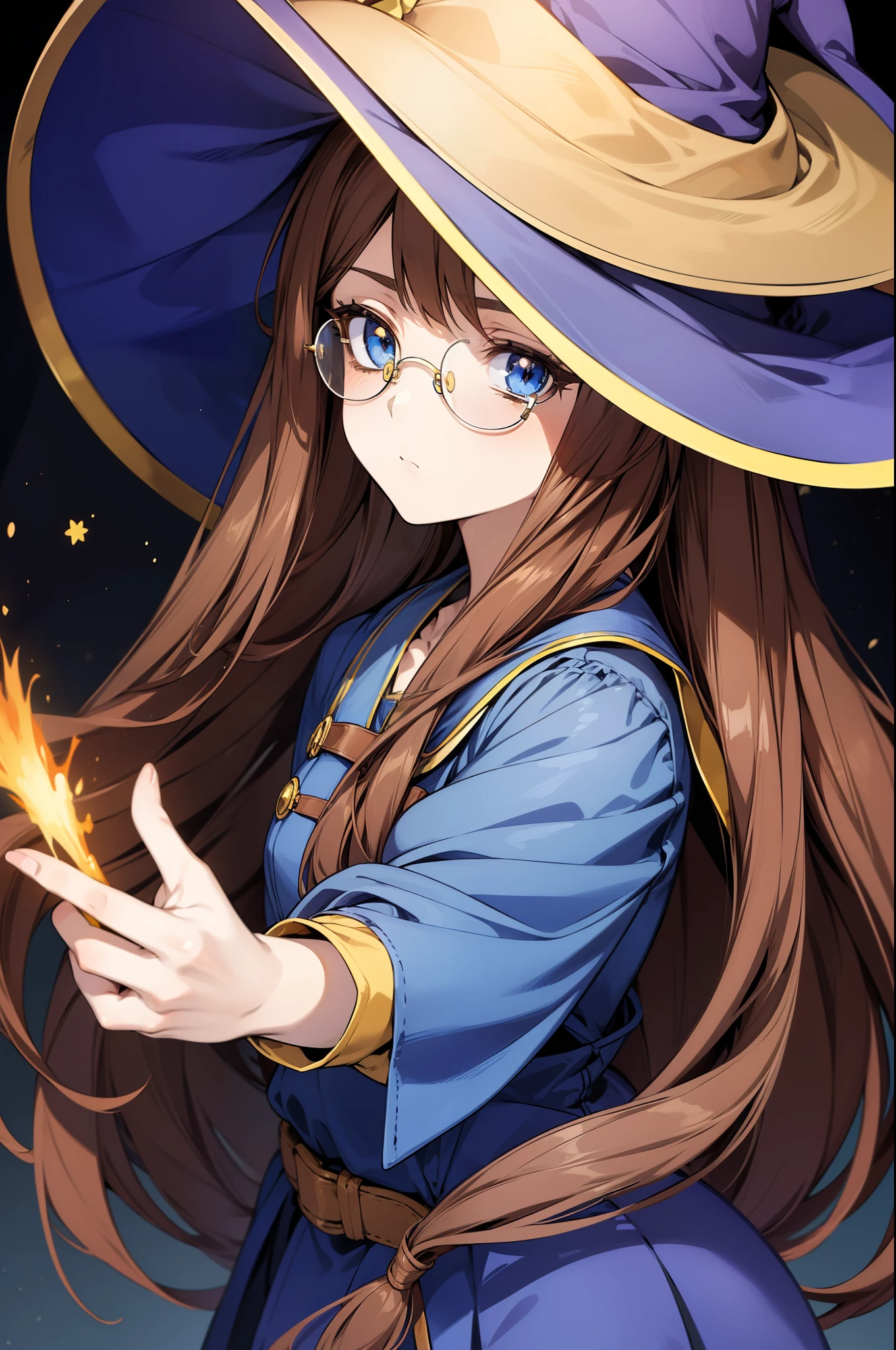 solo, (((anime girl with long brown hair))), (circular yellow glasses), (blue eyes), blank expression, expressionless, no emotion, ((witch hat)), (sorcerer), (magic), ((high quality)), (extremely detailed)