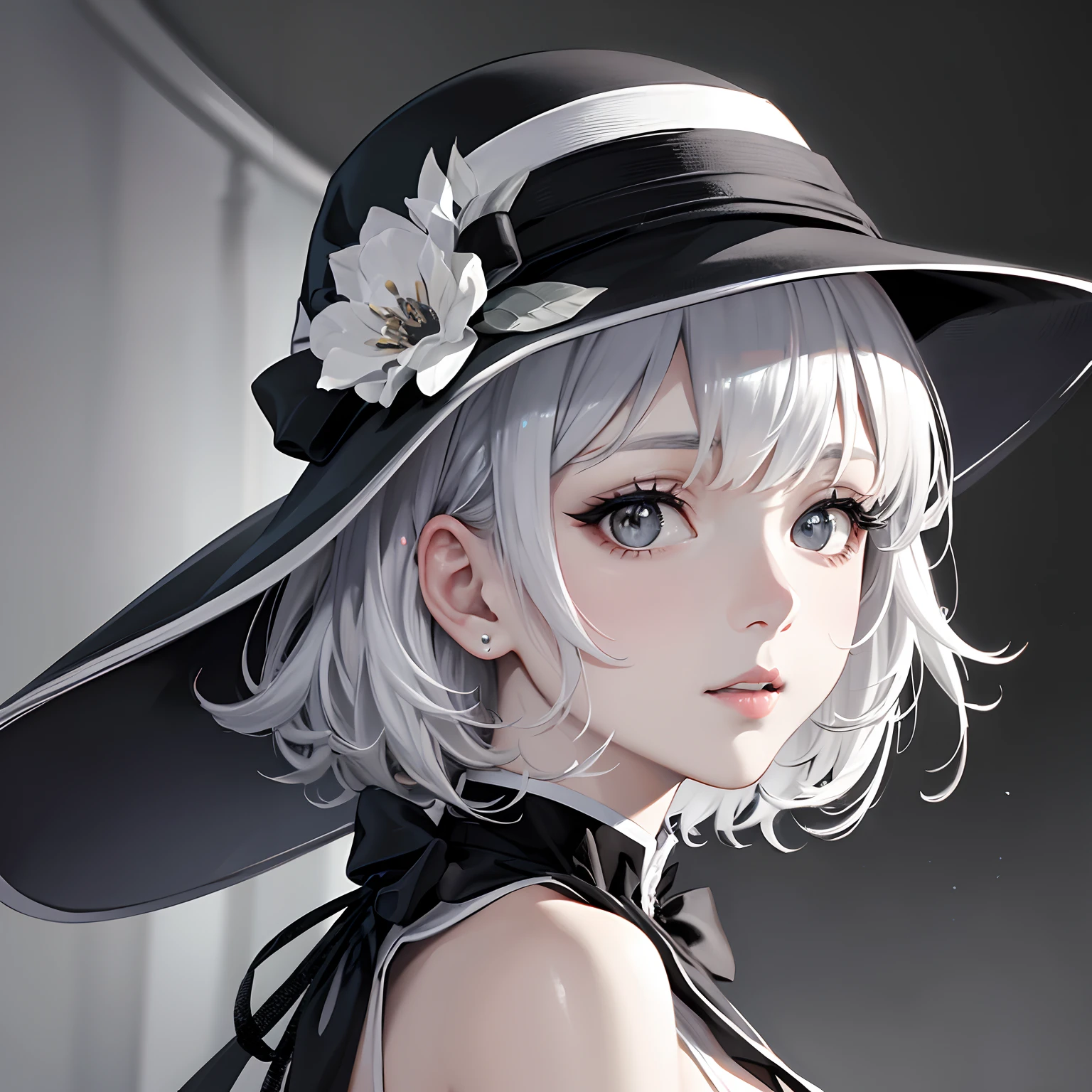 masterpiece、top-quality、hight resolution、High-quality images、8K、1womanl、Monochrome grayscale、detaileds、Detailed eye depiction、skin gloss、shiny short silver hair、、Nomiya、portlate、silk hat、tuxedo