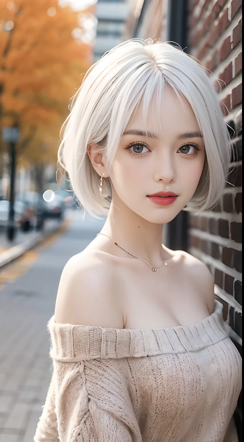 Highest quality、masterpiece、超High resolution、(Realistic:1.3)、RAW Photos、(One girl), Beautiful Face, (Realistic Face), (White Hair、short hair:1.3), Beautiful Hairstyles, Realistic eyes, Beautiful fine details, (Realistic Skin), Beautiful Skin, (Big shirt), Confused, charm, 超High resolution, Ultra-realistic, High resolution, Golden Ratio、Mr.々Background