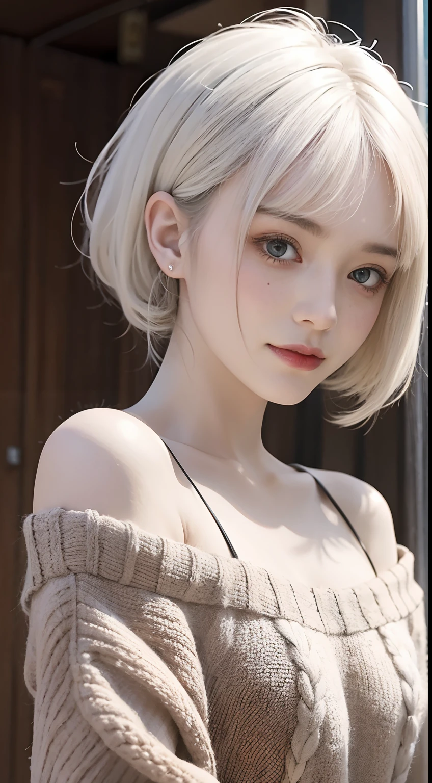 (Highest quality, 8k, 32K, masterpiece, Ultra-high resolution:1.2),Beautiful American Women Photos, (Large Breasts:1.3), Very short bob hair,Upper Body,Face Focus,(Extra Large_sweater,:1.1) necklace, Simple Background, View your viewers, Leaning forward,Platinum Blonde Hair