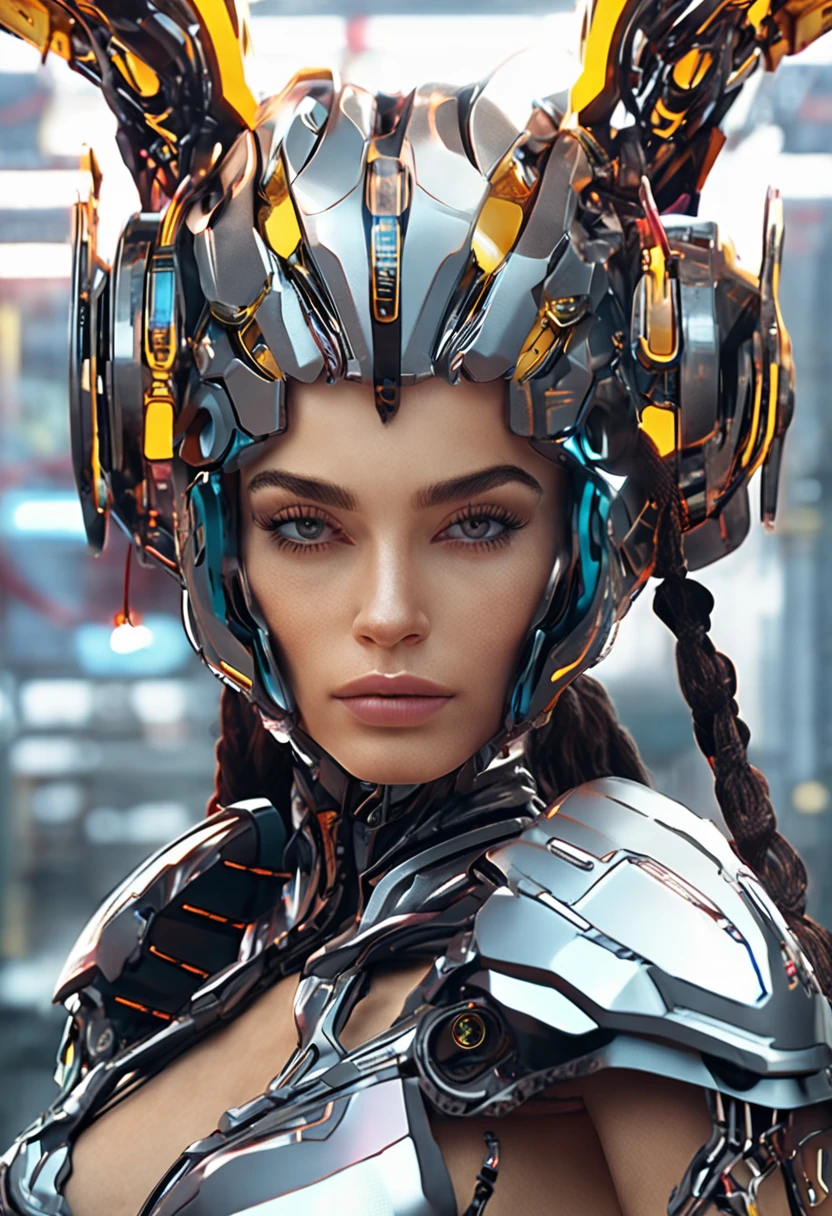 Masterpiece, Best quality, Upper body, Fantastic cyborg girl in fantasy web helmet with long pigtail close-up, Neon glass and metal inserts, Lustrous colors with elegant details, hyper-high detail, super sharp focus, hdr, Ring light fills hard light, Rich detail in light and shadow, The exterior is extremely detailed, Random camera angle, Realistic style, Tech photo style