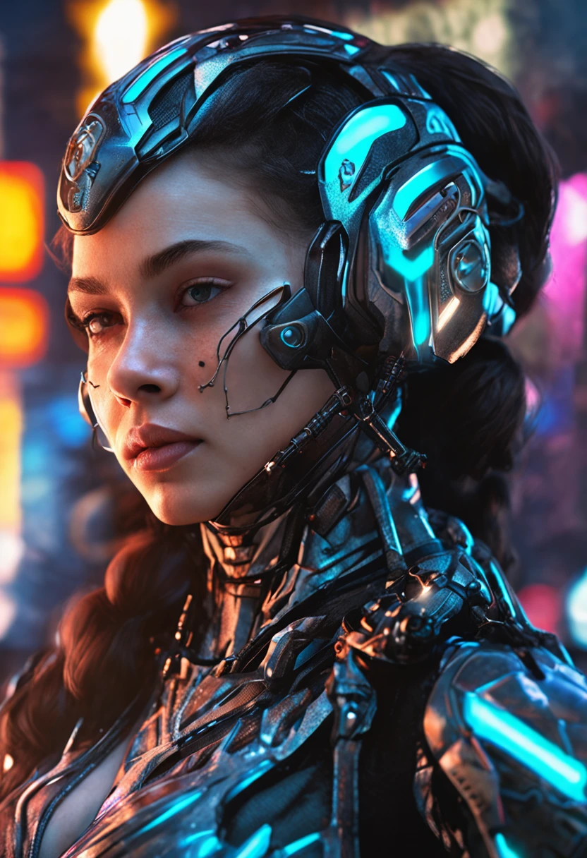 Masterpiece, Best quality, Upper body, Fantastic cyborg girl in fantasy web helmet with long pigtail close-up, Neon glass and metal inserts, Lustrous colors with elegant details, hyper-high detail, super sharp focus, hdr, Ring light fills hard light, Rich detail in light and shadow, The exterior is extremely detailed, Random camera angle, Realistic style, Tech photo style