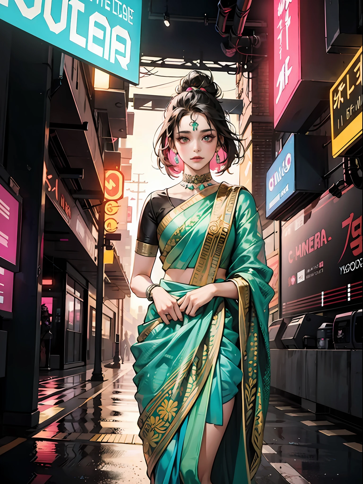 Indian girl wearing sari with cyber punk look and neon lights