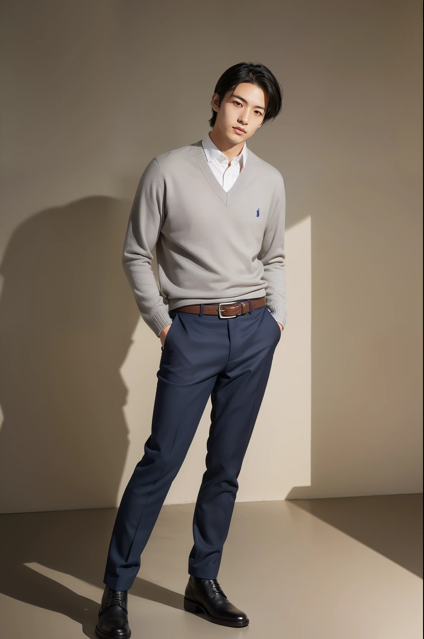 A portrait of a 20-year-old Japanese male in a smart casual style for autumn/winter. Dressed in a navy wool sweater from Ralph Lauren, grey trousers, black leather belt, and black leather ankle boots. The look is cozy and fashionable. A smart casual hairstyle for autumn/winter. A short, neatly combed look with a medium hold, reflecting his sophisticated and approachable personality.