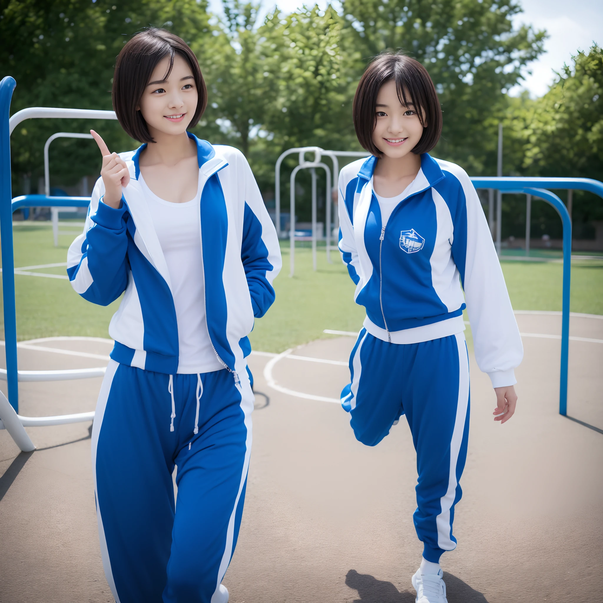 Beautiful high school student playing in blue and white tracksuit playing on school playground，Super high value，perfect body figure，extra very short hair，Delicate hair，Fair face and skin，Drops of sweat hanging down，Have fun on the playground，Large breasts，Chest hyperexcion，Clothes are tight，Delicate fair and soft toes，detailed finger，fully body photo