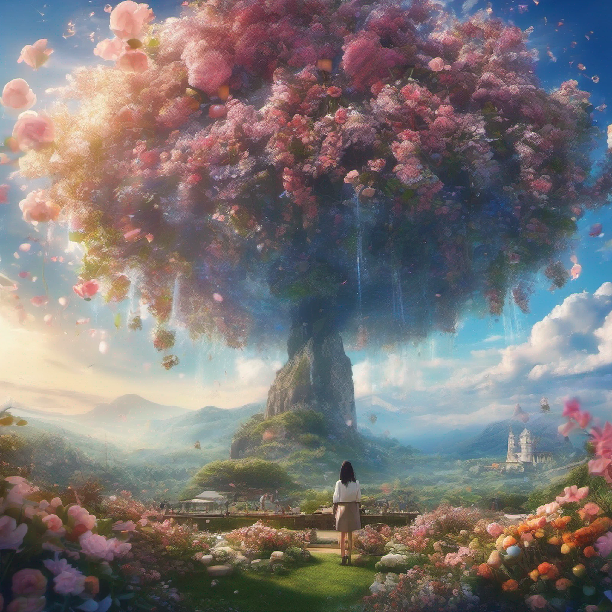 ccurate, best quality, masterpiece, UHD, high details, award winning, (Amazing:2.0), (Surrealism), Conceptual art, Verism, cinematic lighting, floating island in the sky, (((beautiful flower garden))), Horizon, blue sky, paradise scenery, flowers, wind flow, (((fantasy))), frontier, (magnificent space), blurry foreground, bokeh, Hasselblad, lens flare, beautiful school girl, (r old)(((full body)))), from behind, she moving, without looking at me, (((wearing school uniform))), black eyes, black hair, (floating hair), ((8 life size)), detailed hairstyles, detailed bodyline, anatomically correct, cute face, ((accurately portray her)),
