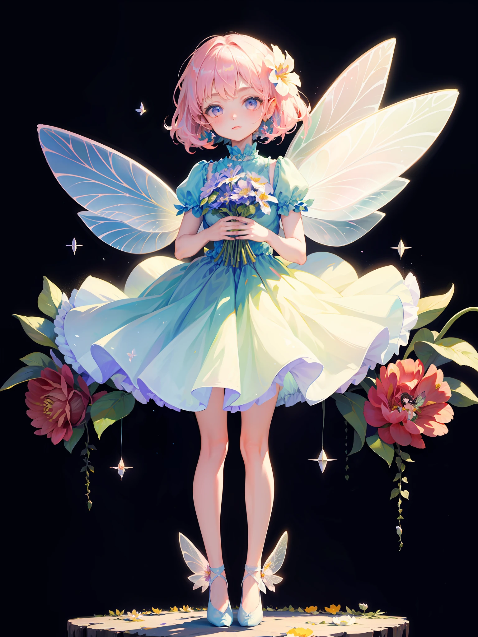 (the Flower Fairy:1.5), Very small size human, very big flowers, Fly, full body,1girll, Dark room,