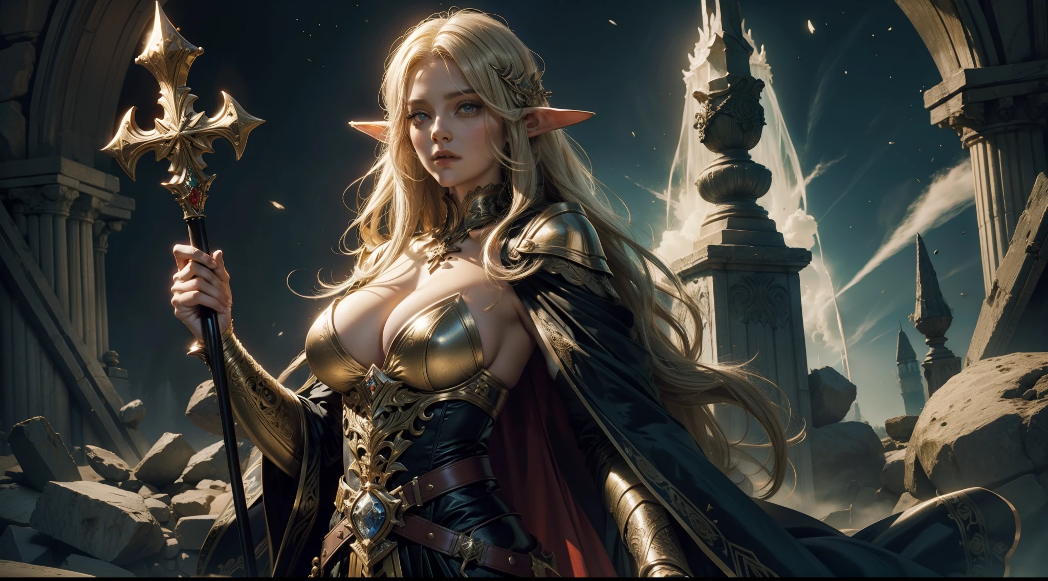 Female elf,Large breasts,magnificent robe,sceptre,dramatics,dynamicposes,The background is a mystery symbol,magia,Huge cross