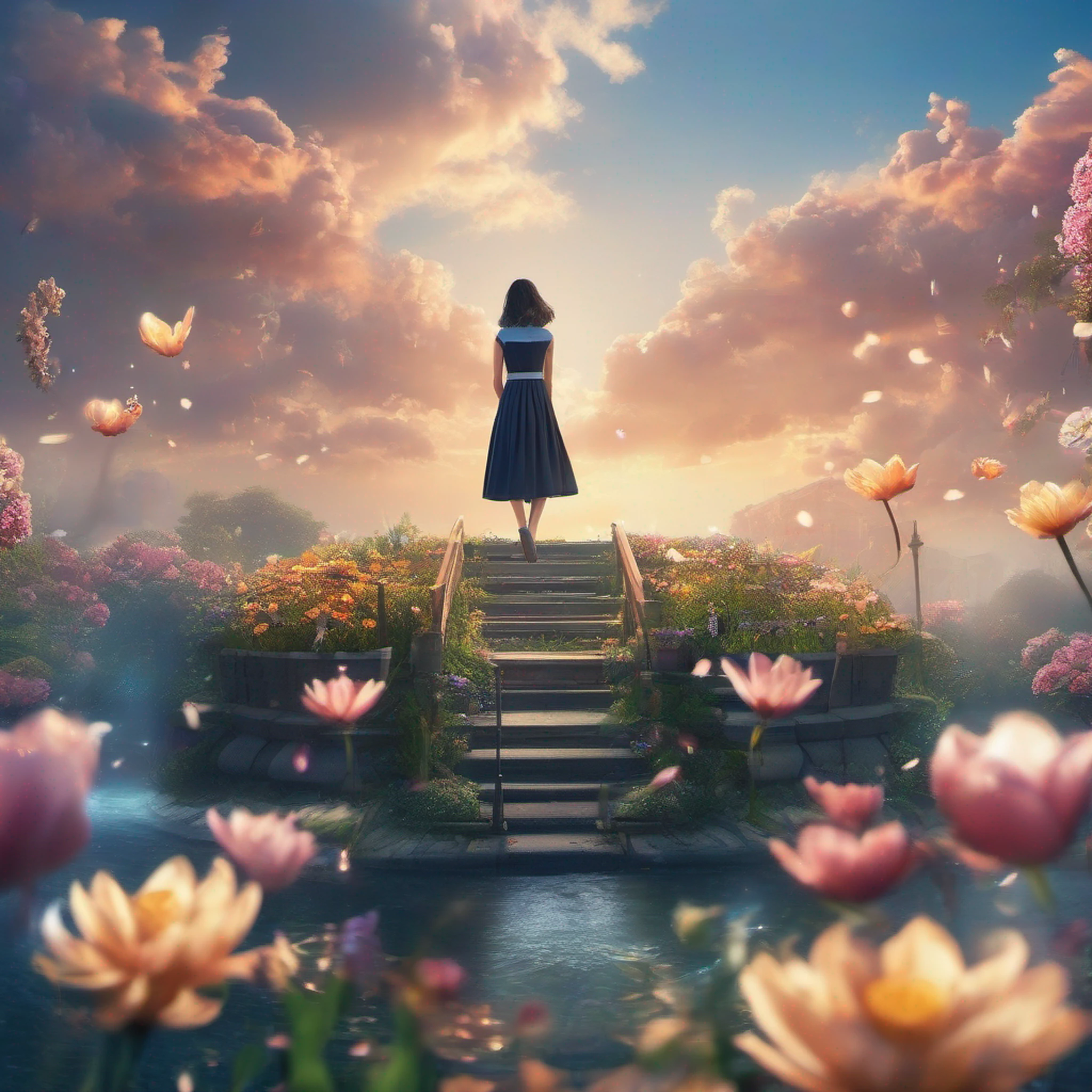 ccurate, best quality, masterpiece, UHD, high details, award winning, (Amazing:2.0), (Surrealism), Conceptual art, Verism, cinematic lighting, floating island in the sky, (((beautiful flower garden))), Horizon, blue sky, paradise scenery, flowers, wind flow, (((fantasy))), frontier, (magnificent space), blurry foreground, bokeh, Hasselblad, lens flare, beautiful school girl, (r old)(((full body)))), from behind, she moving, without looking at me, (((wearing school uniform))), black eyes, black hair, (floating hair), ((8 life size)), detailed hairstyles, detailed bodyline, anatomically correct, cute face, ((accurately portray her)),
