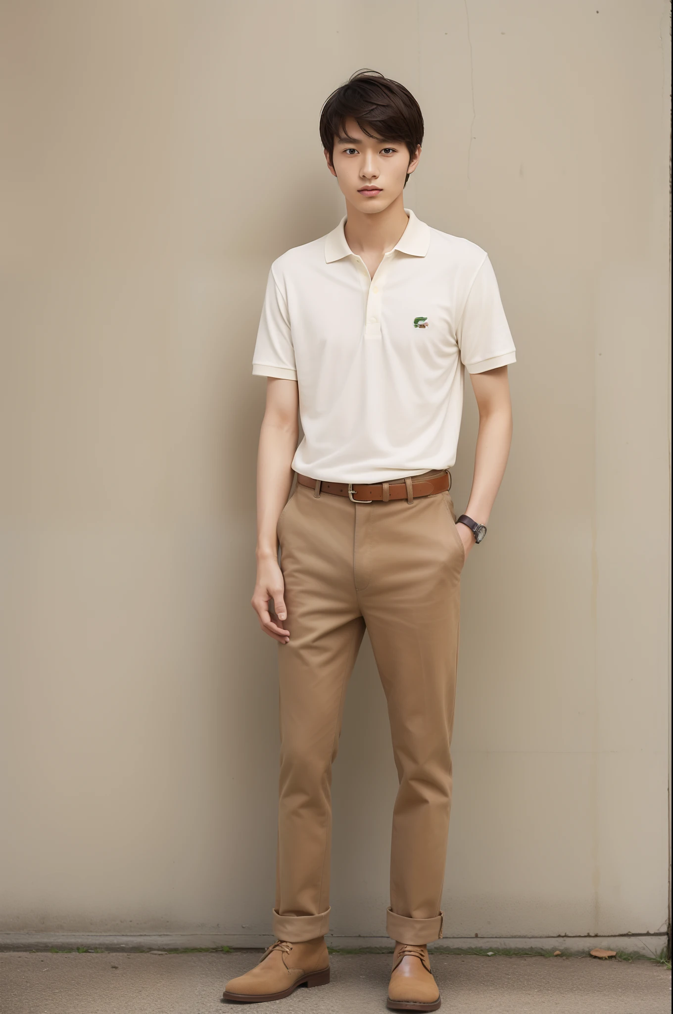 Smart casual style portrait of 20 year old Japan man、For spring-summer。Lacoste white polo shirt、Beige chinos、Brown leather belt、Wearing brown suede desert boots。The look is relaxed and stylish。Smart Casual Hairstyles、Textured look at medium length、With a light hold、It gives it a relaxed yet trendy look。