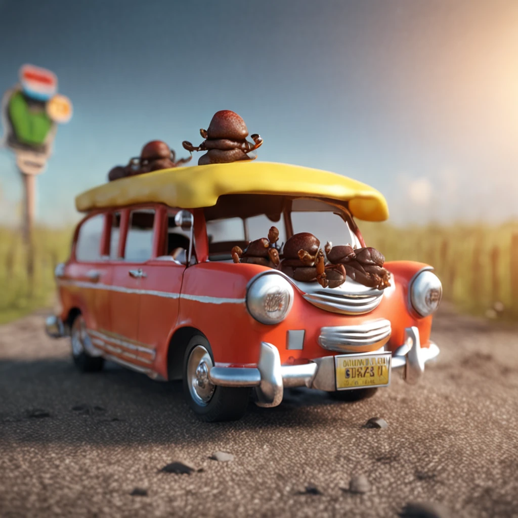 There was an ant and a burger on the road,There is a burger on the road,Ants walking on the road,Dreamy light,Low-angle lens shooting,photorealistic cinematic render, Cinematic 3D rendering, realistic cgi render, Depicted as a 3D rendering