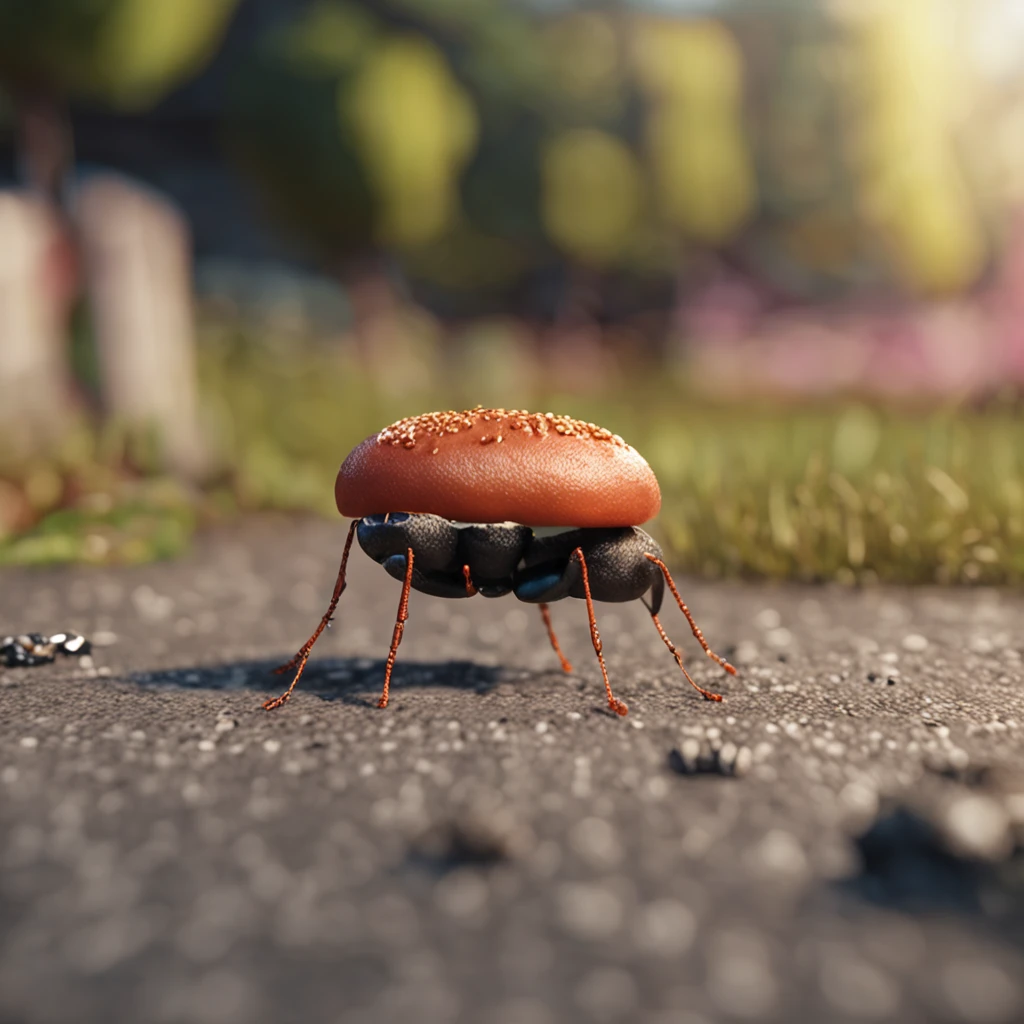 There was an ant and a burger on the road,There is a burger on the road,Ants walking on the road,Dreamy light,Low-angle lens shooting,photorealistic cinematic render, Cinematic 3D rendering, realistic cgi render, Depicted as a 3D rendering