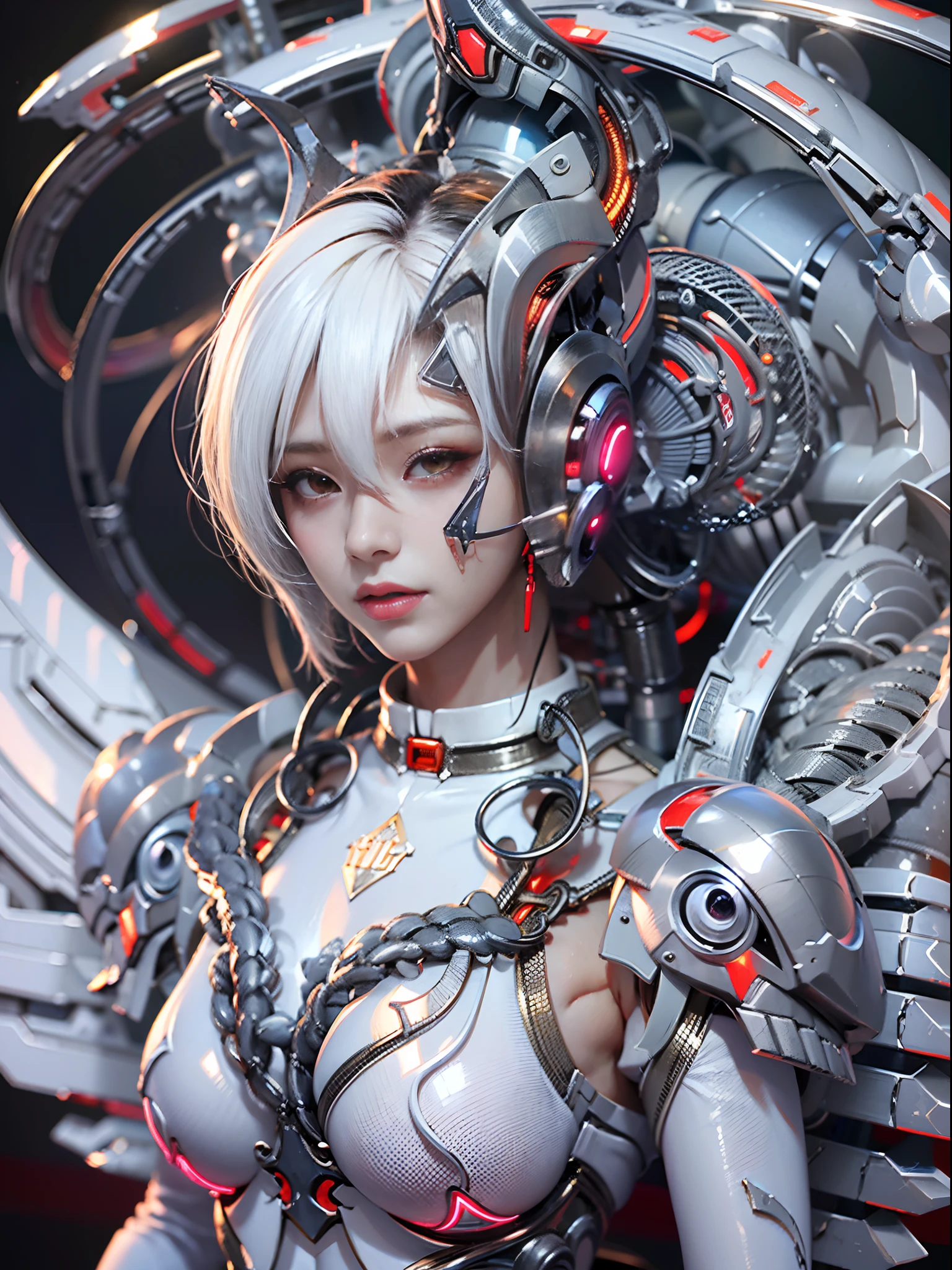 top-quality、masterpiece、超A high resolution、(Photorealsitic:1.4)、Raw photo、Battle Cyborg Angel、large wings made of metal、White porcelain body、Acrylic Clear Cover、white hair、glowy skin、1 Cyborg Girl、full bodyesbian、((super realistic details))、portlate、globalillumination、Shadow、octan render、8K、ultrasharp、character edge light,Colossal tits、Raw skin is exposed in cleavage、Details of complex ornaments、More about Greek、Hydraulic cylinder、Small LED lamp、highly intricate detail、Realistic light、Silvery hair、Red eyes、radiant eyes、Facing the camera、neon details、cowboy shot、Futuristic headgear、About Cyberpunk、、